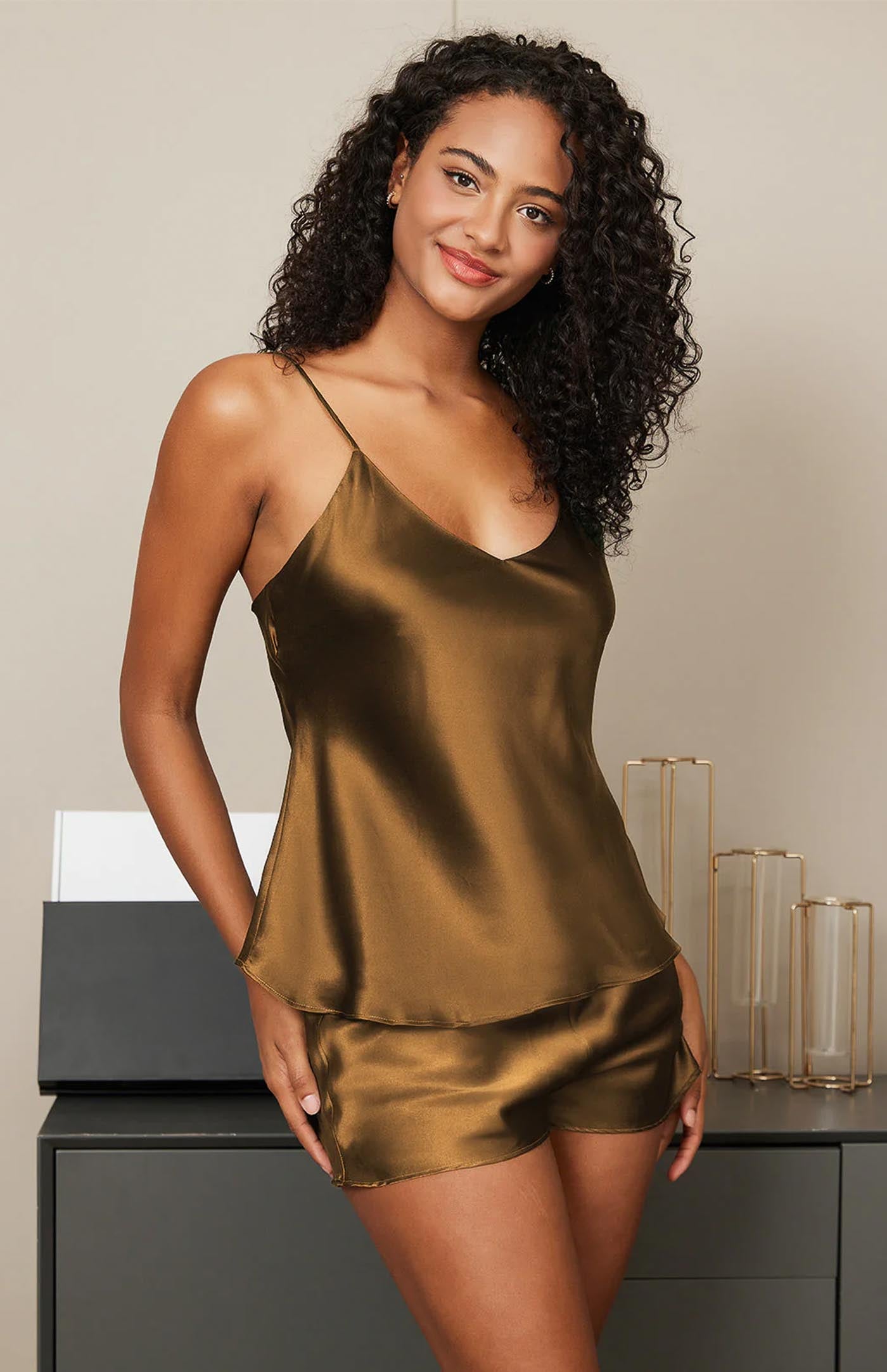 Bronzy Brown | Brown Satin Camisole & Shorts Set