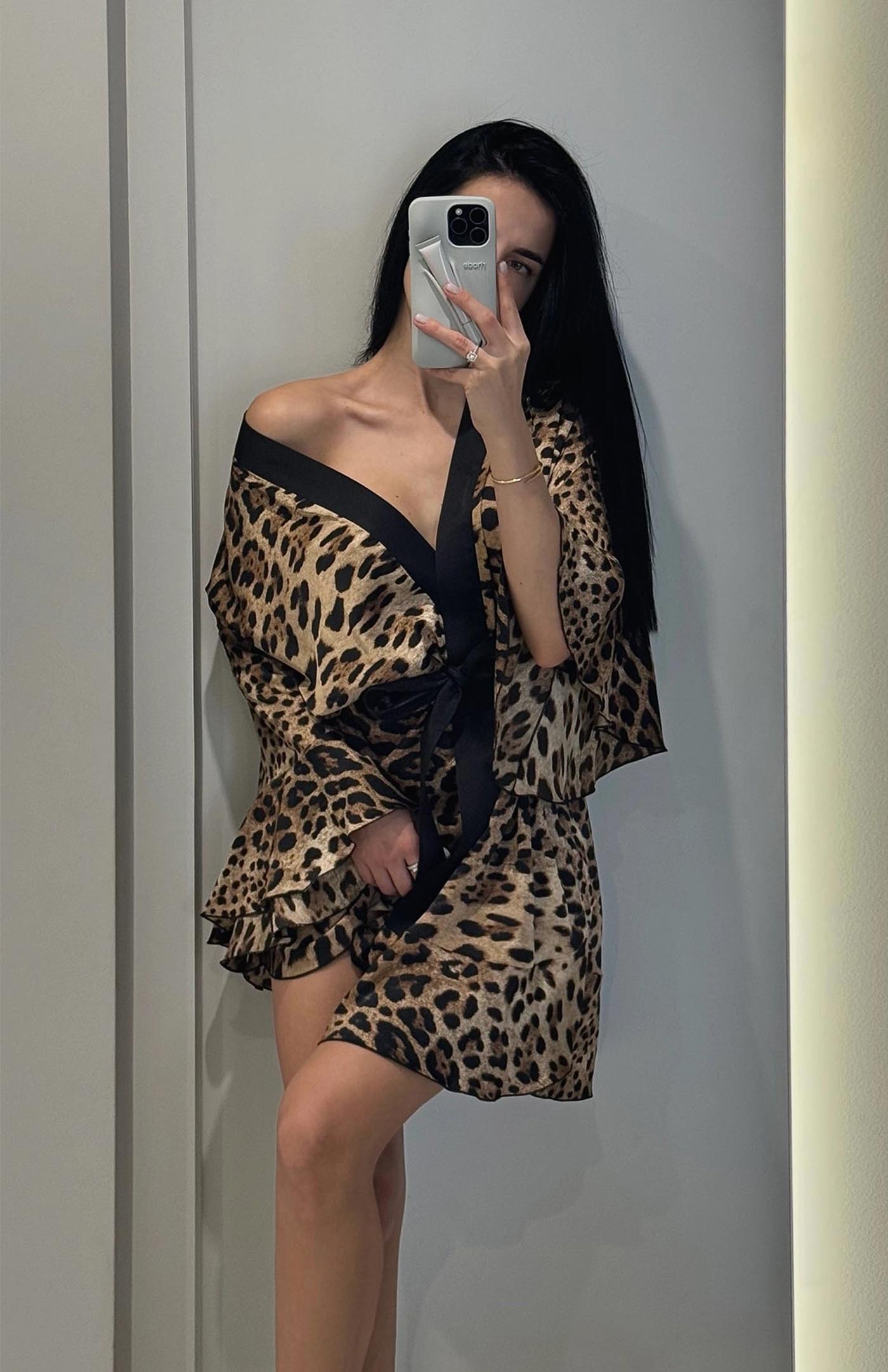 Leopard Satin Short Kimono Robe