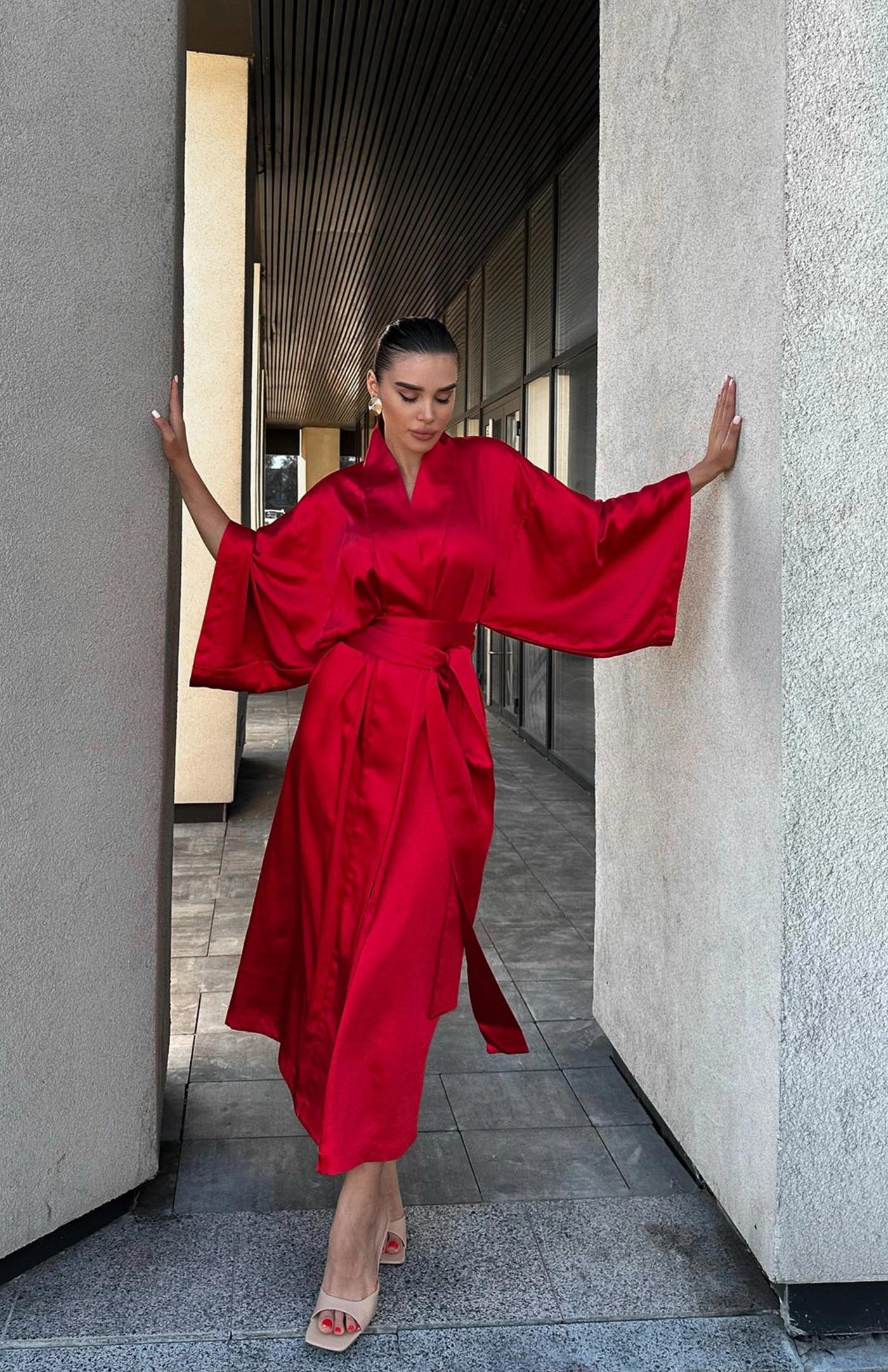 Flaming Heart Satin Kimono Robe