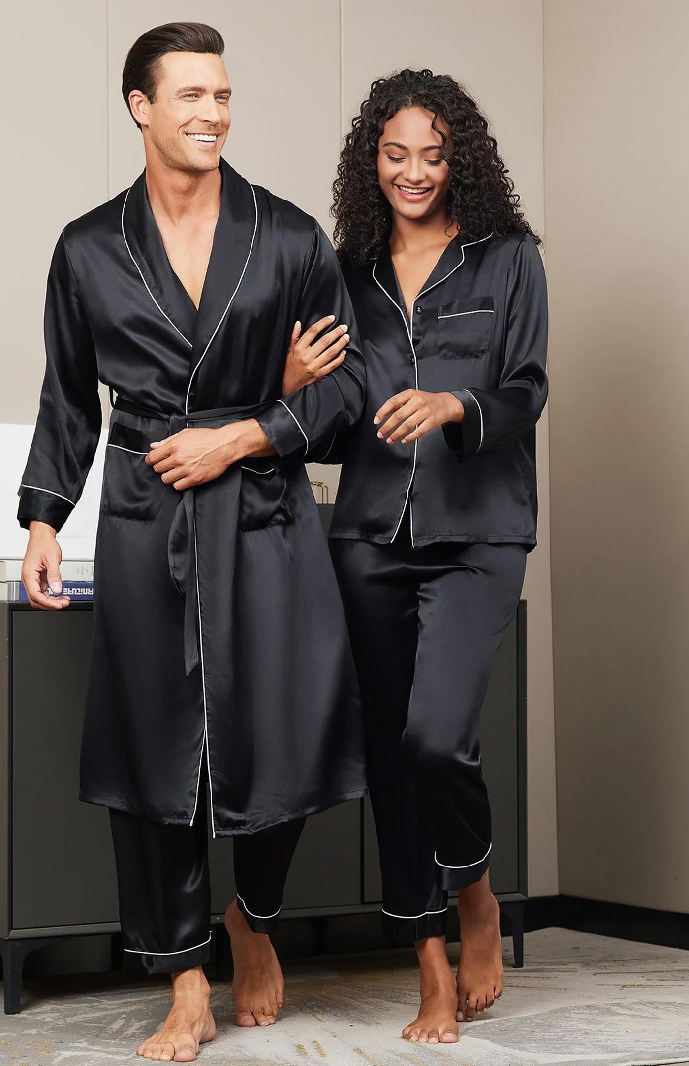 Midnight Romance | Black Satin Loungewear Set For Couples