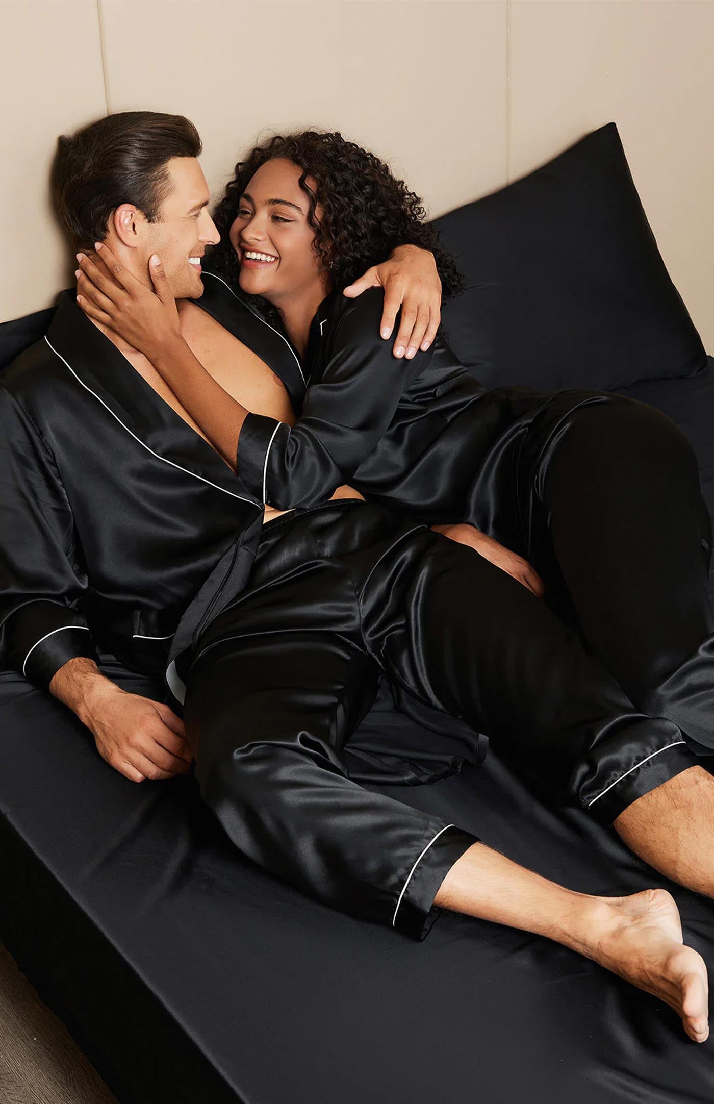 Midnight Romance | Black Satin Loungewear Set For Couples