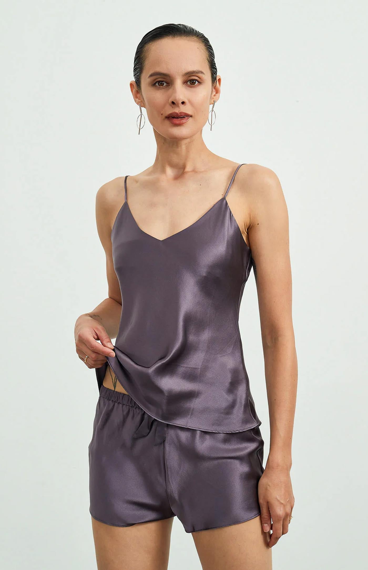 No Strings Attached | Plum Satin Camisole & Shorts Set