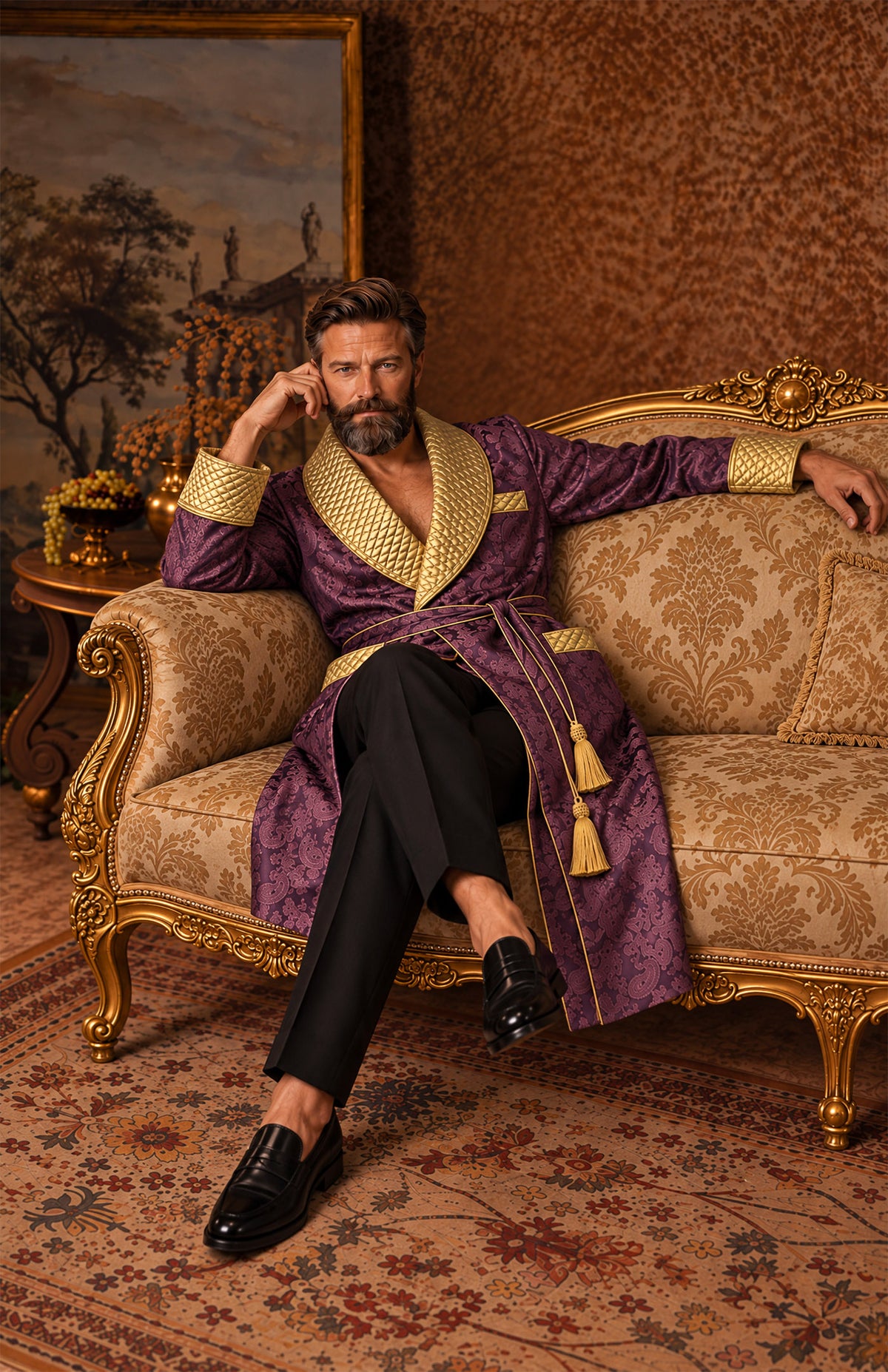 The Amethyst Monarch | Purple & Gold Paisley Jacquard Quilted Robe for Men