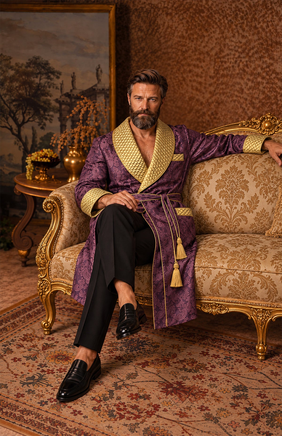 The Amethyst Monarch | Purple & Gold Paisley Jacquard Quilted Robe for Men