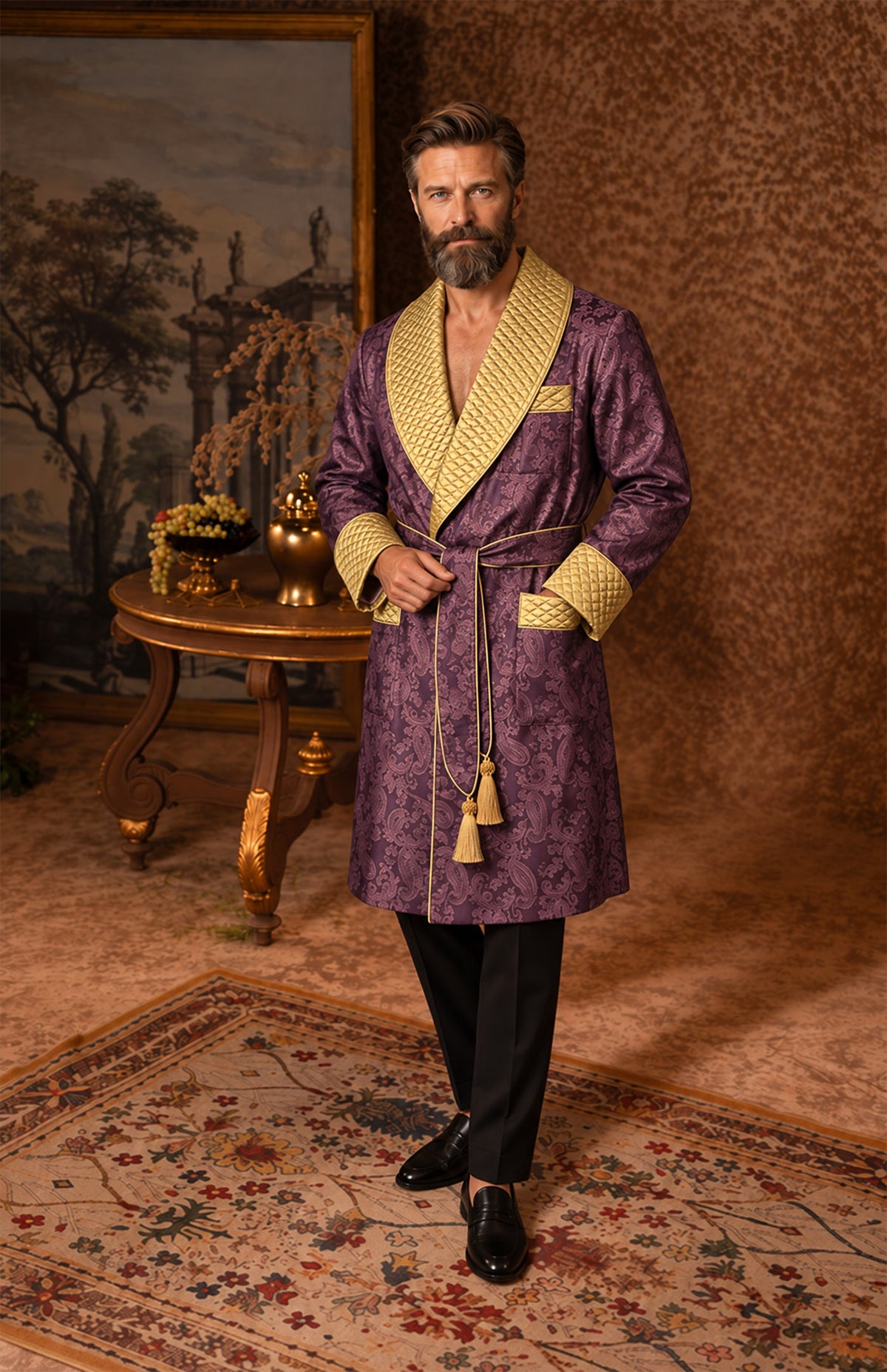 The Amethyst Monarch | Purple & Gold Paisley Jacquard Quilted Robe for Men