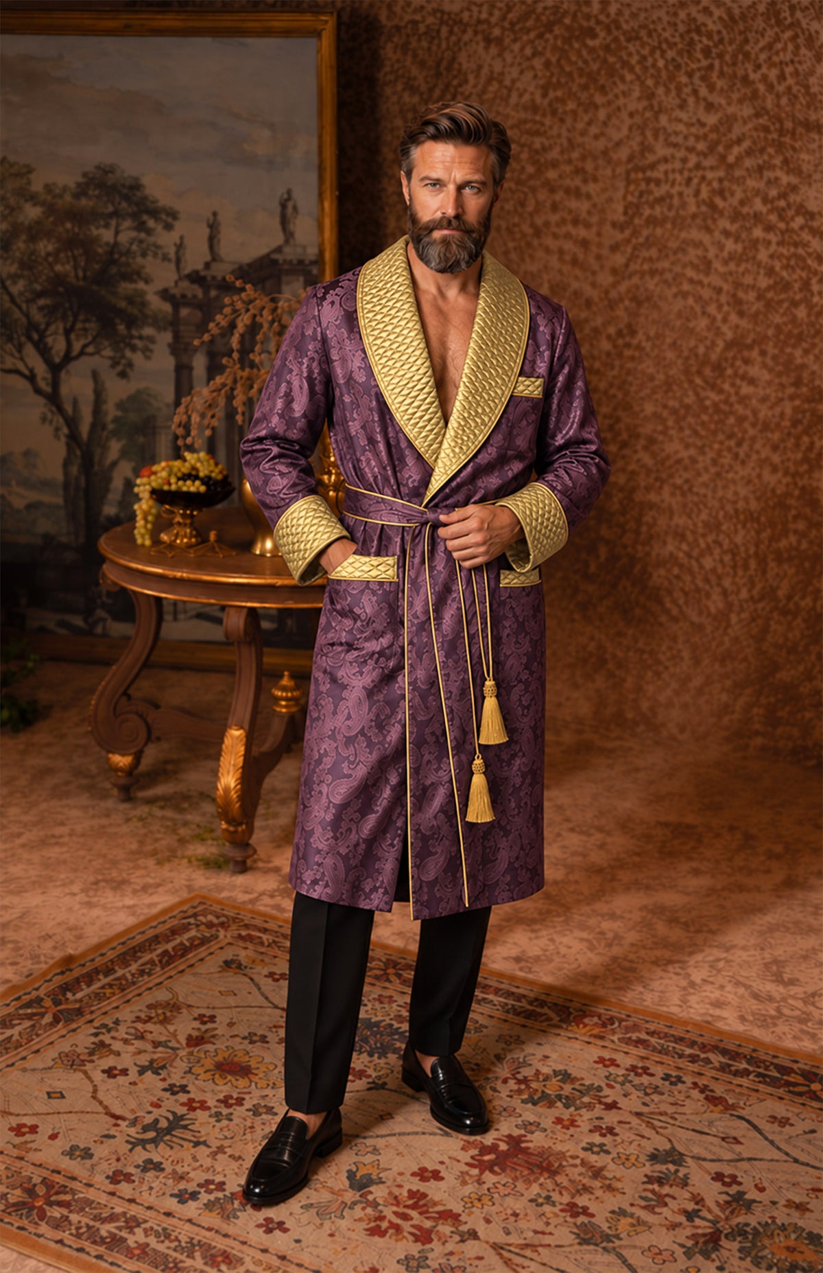 The Amethyst Monarch | Purple & Gold Paisley Jacquard Quilted Robe for Men