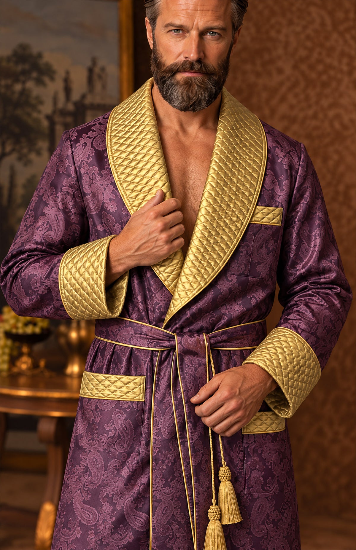 The Amethyst Monarch | Purple & Gold Paisley Jacquard Quilted Robe for Men