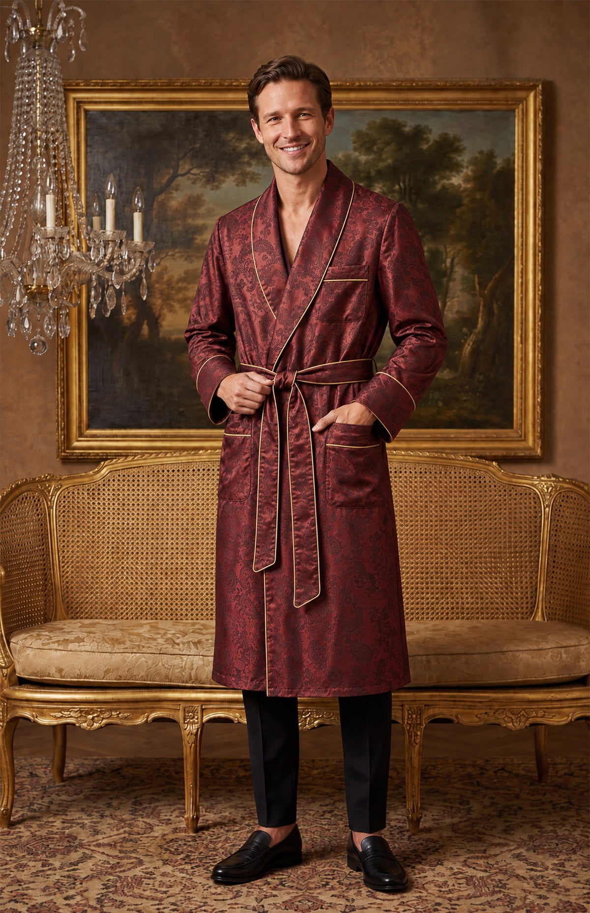 The Claret Parlour | Wine Paisley Jacquard Shawl Collar Robe for Men