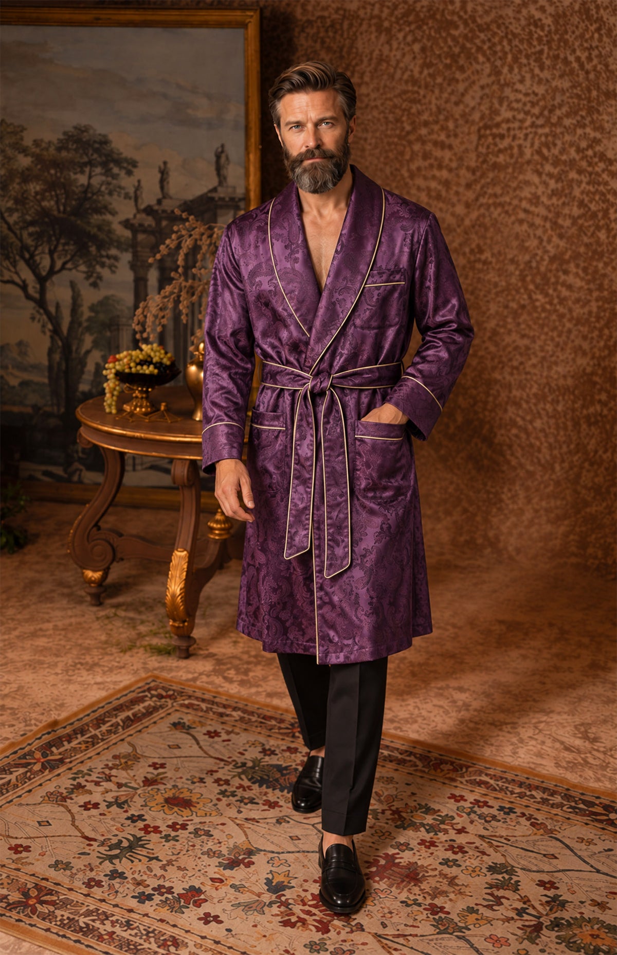 The Amethyst Parlour | Purple Paisley Jacquard Shawl Collar Robe for Men