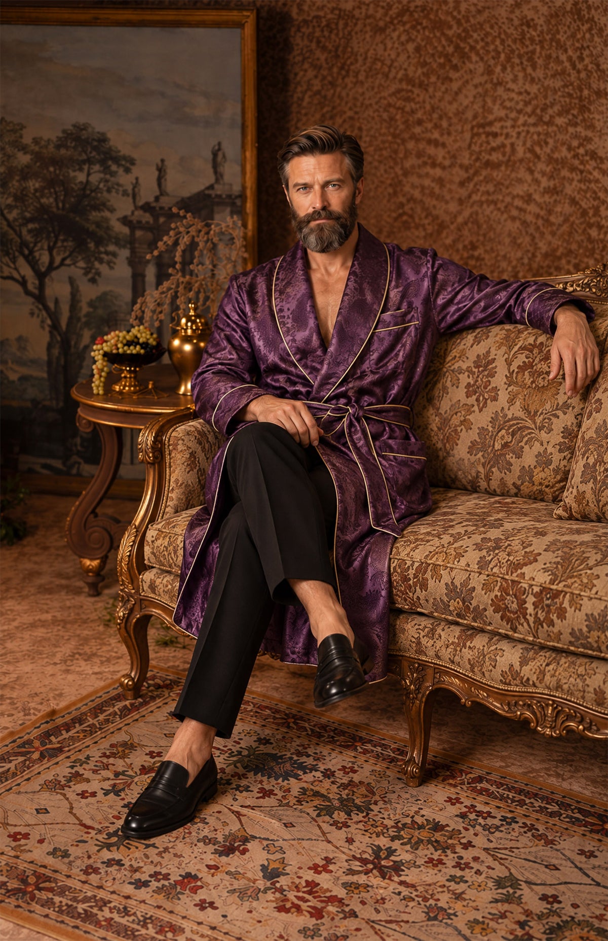 The Amethyst Parlour | Purple Paisley Jacquard Shawl Collar Robe for Men