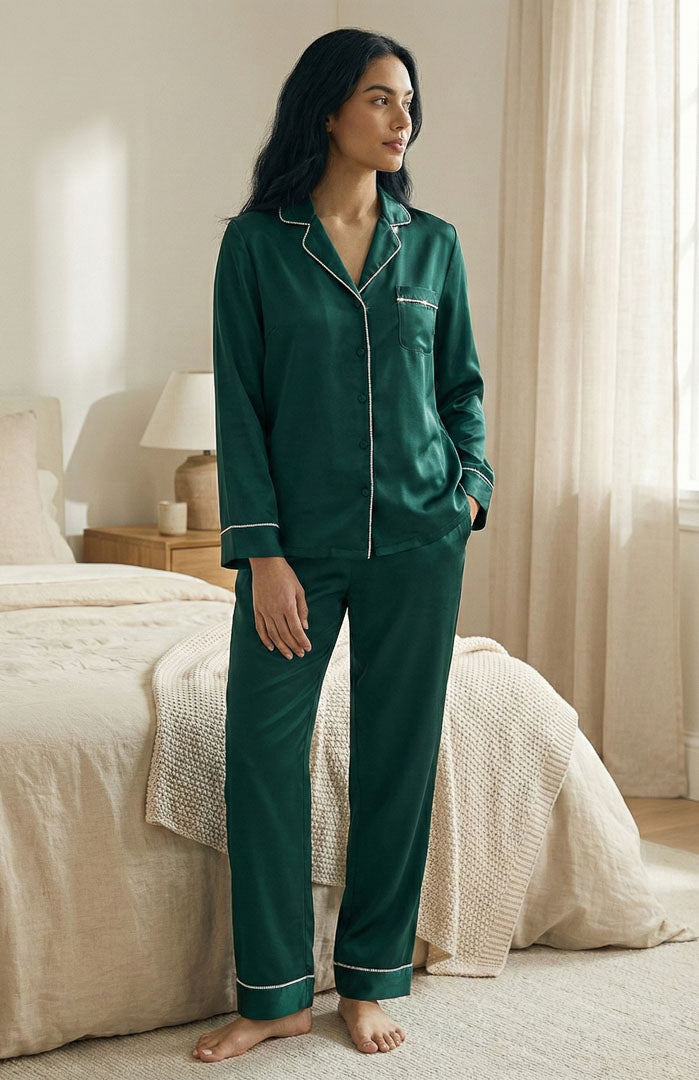 The Aurora Green Diamond Set | Satin Loungewear