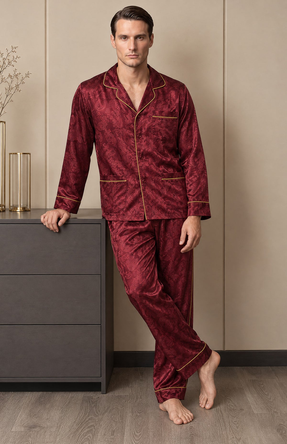 The Bordeaux Nightcap | Wine Paisley Jacquard Pyjama Set for Men