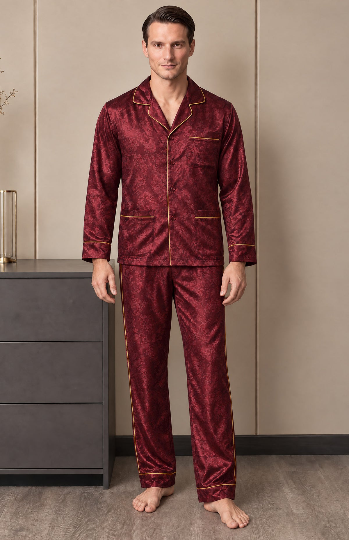 The Bordeaux Nightcap | Wine Paisley Jacquard Pyjama Set for Men