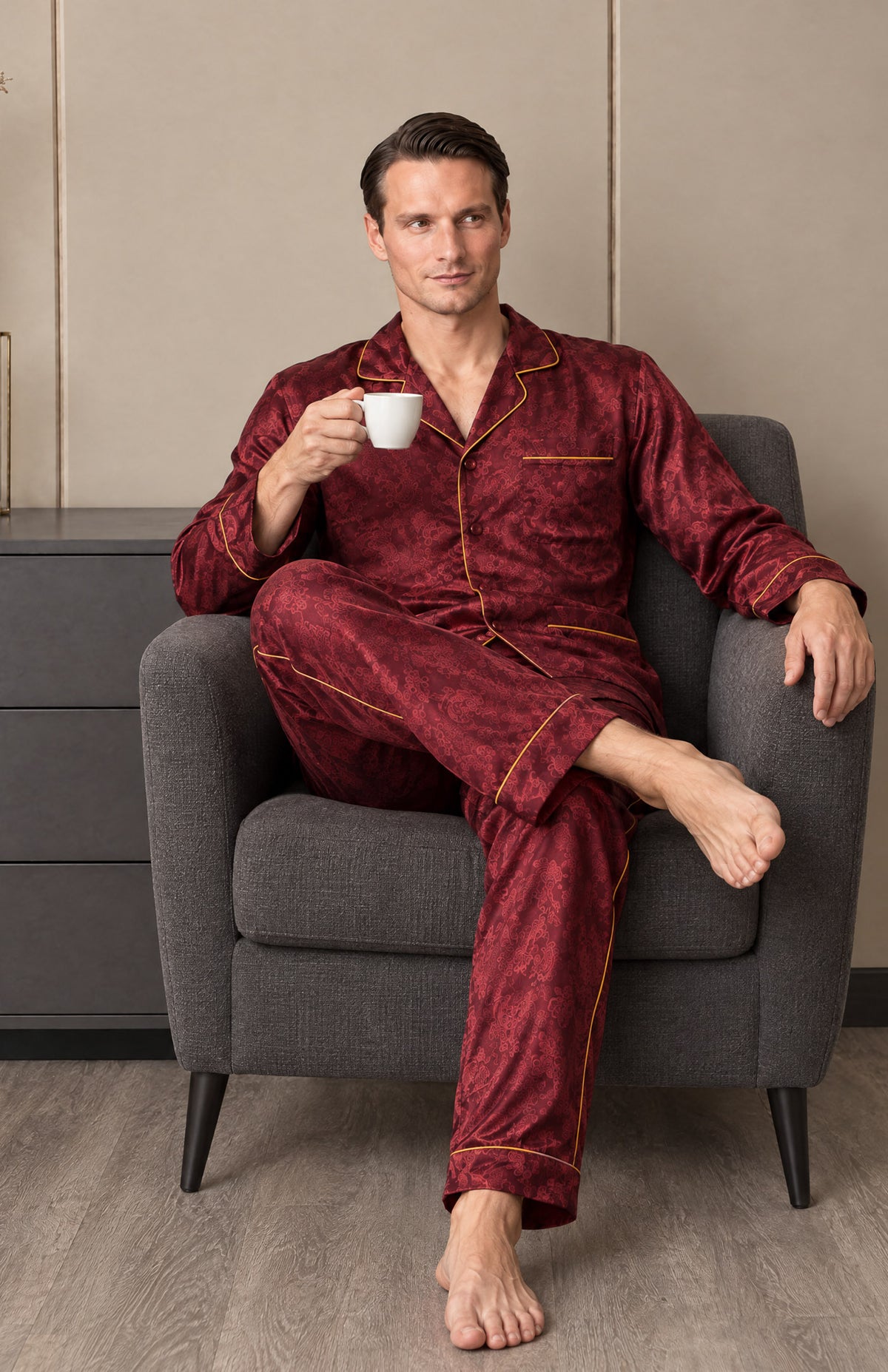 The Bordeaux Nightcap | Wine Paisley Jacquard Pyjama Set for Men