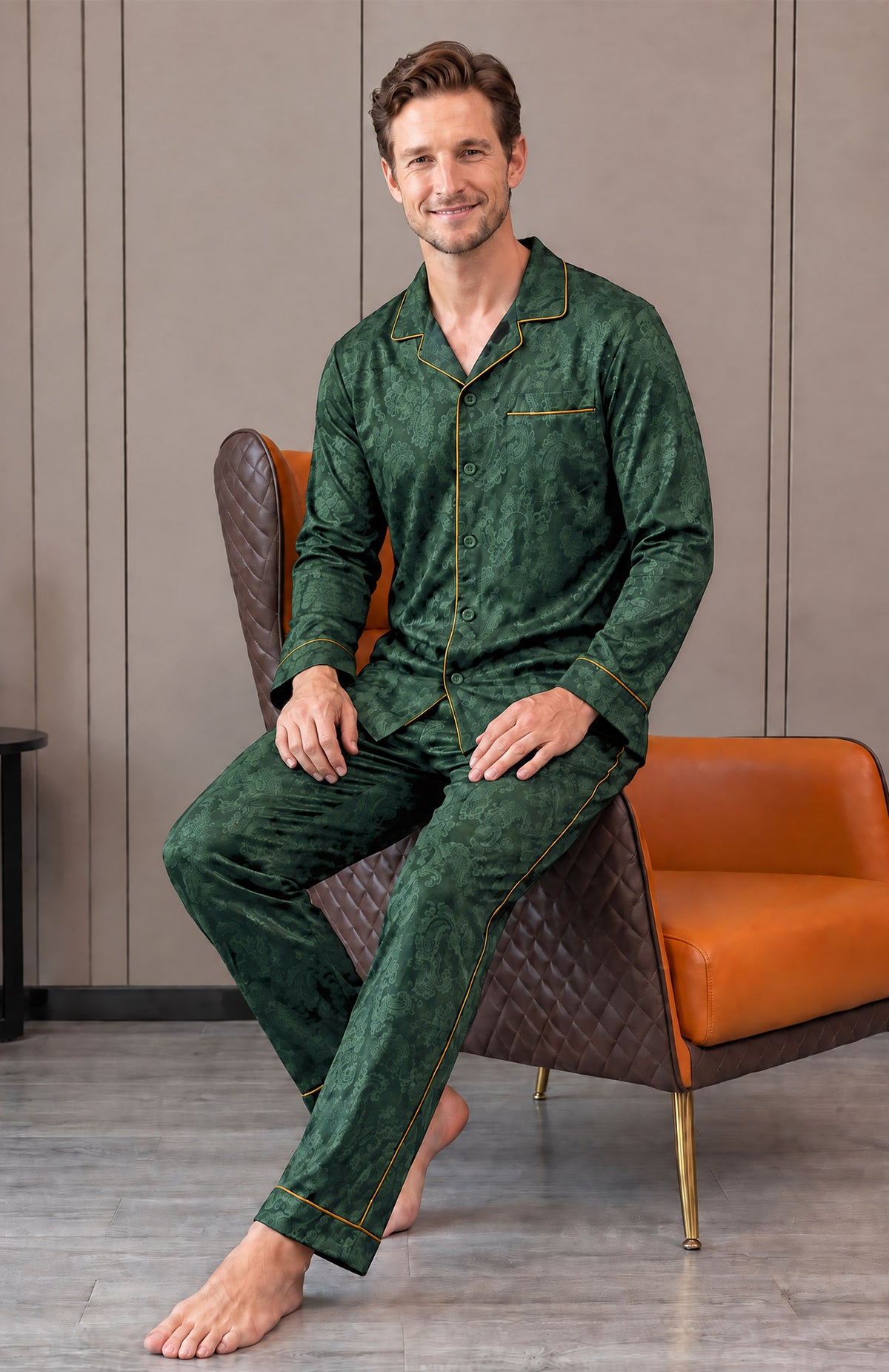 The Emerald Nightcap | Green Paisley Jacquard Pyjama Set for Men