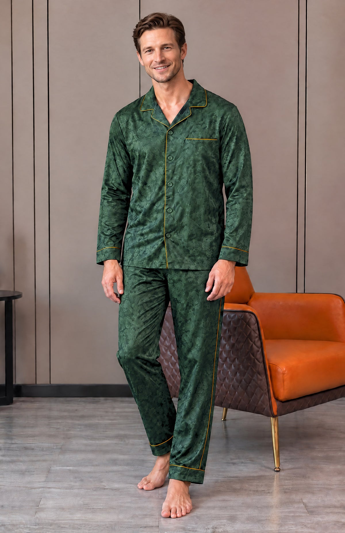 The Emerald Nightcap | Green Paisley Jacquard Pyjama Set for Men