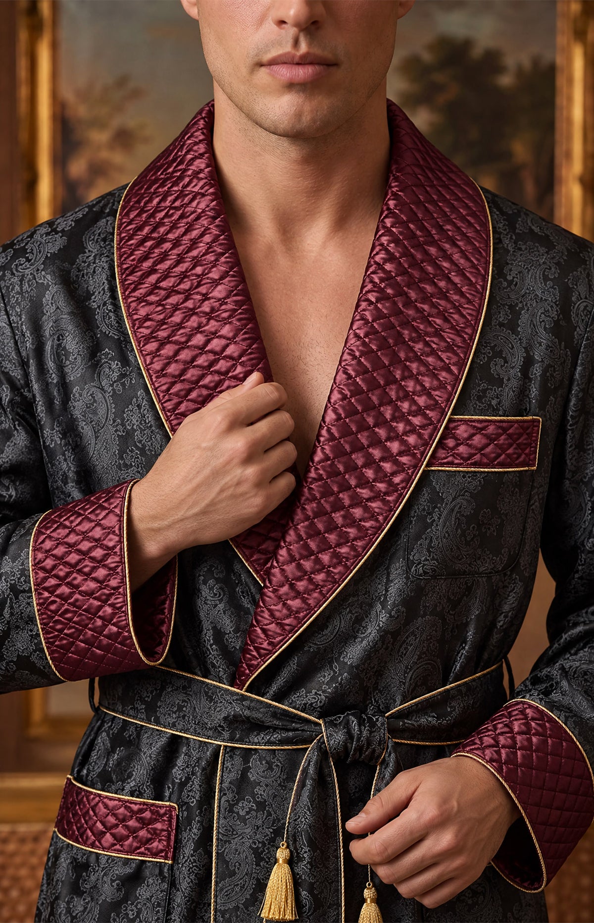 The Garnet Knight | Black & Burgundy Paisley Jacquard Quilted Robe for Men