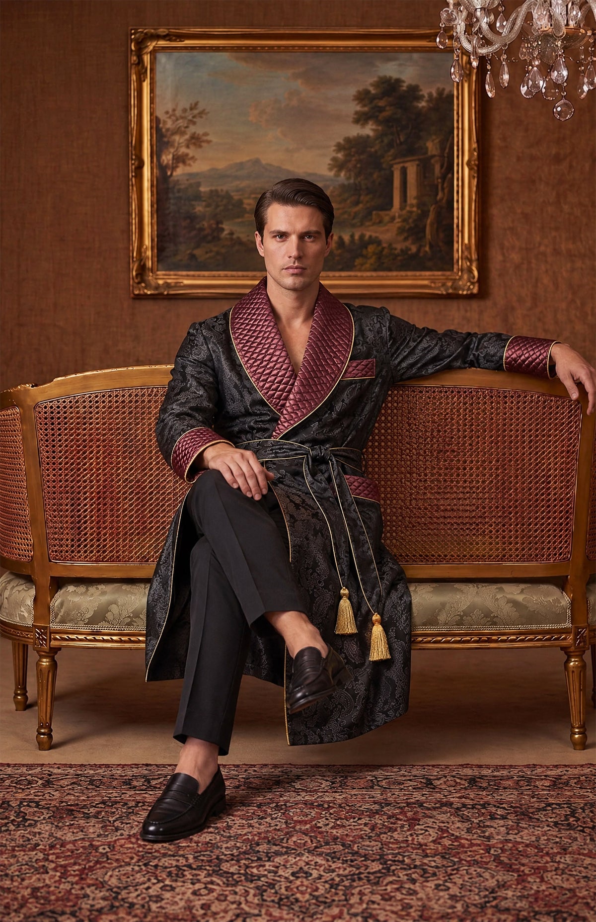 The Garnet Knight | Black & Burgundy Paisley Jacquard Quilted Robe for Men