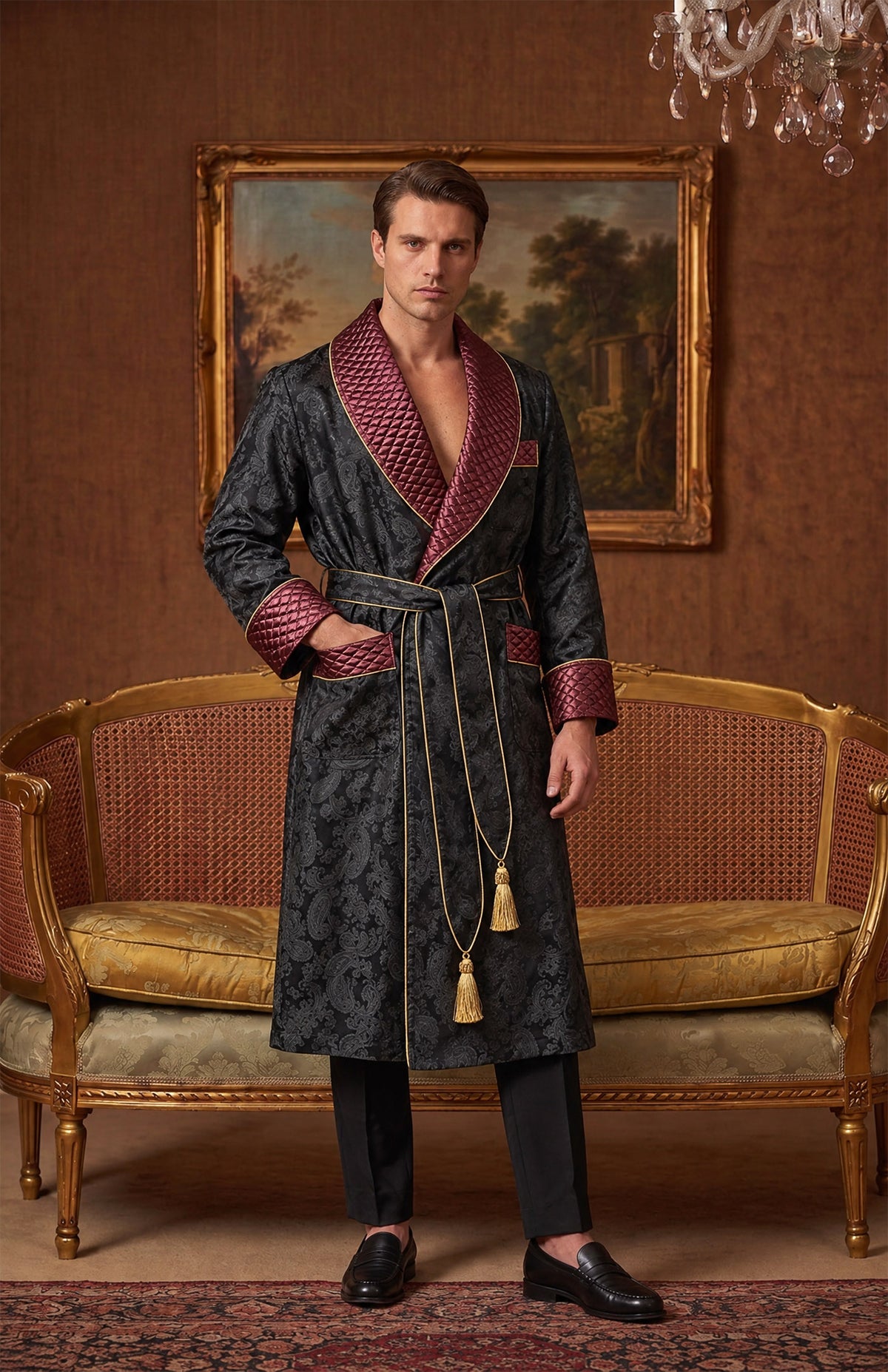 The Garnet Knight | Black & Burgundy Paisley Jacquard Quilted Robe for Men