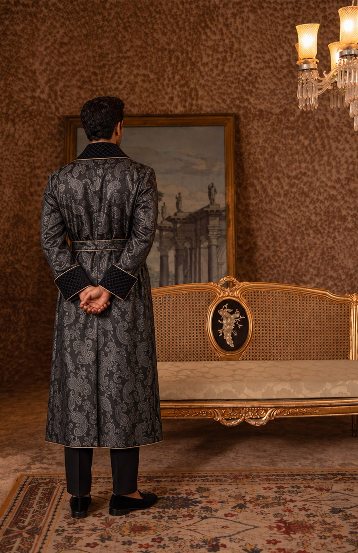 The Graphite Governor | Grey & Black Paisley Jacquard Quilted Robe for Men