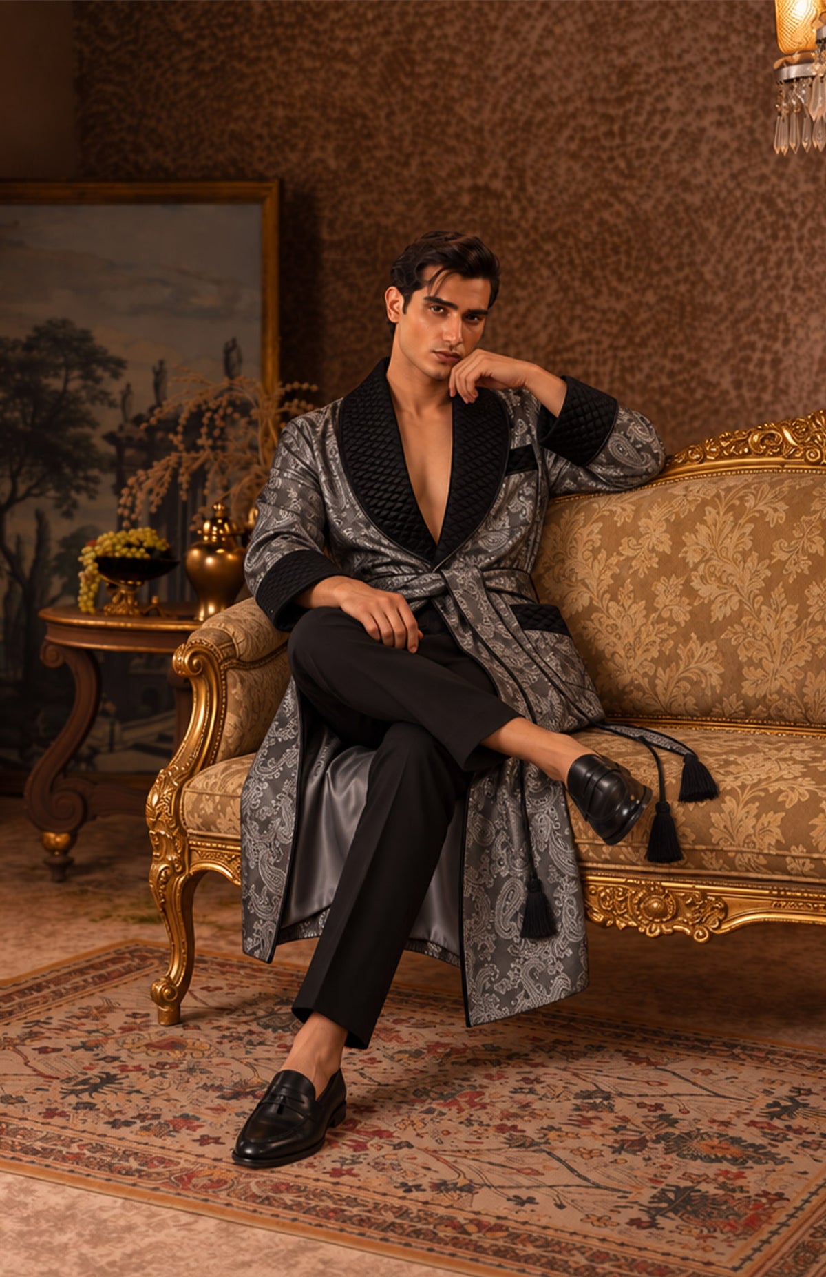 The Graphite Governor | Grey & Black Paisley Jacquard Quilted Robe for Men