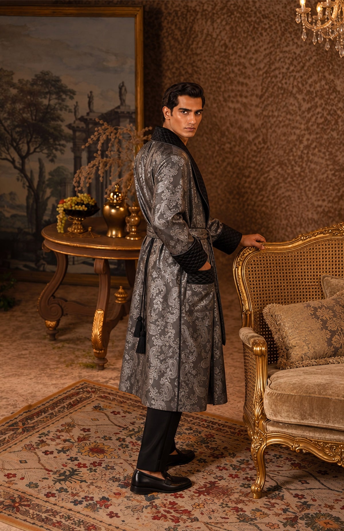 The Graphite Governor | Grey & Black Paisley Jacquard Quilted Robe for Men