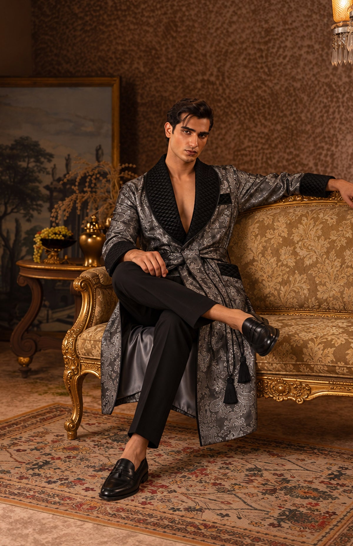 The Graphite Governor | Grey & Black Paisley Jacquard Quilted Robe for Men