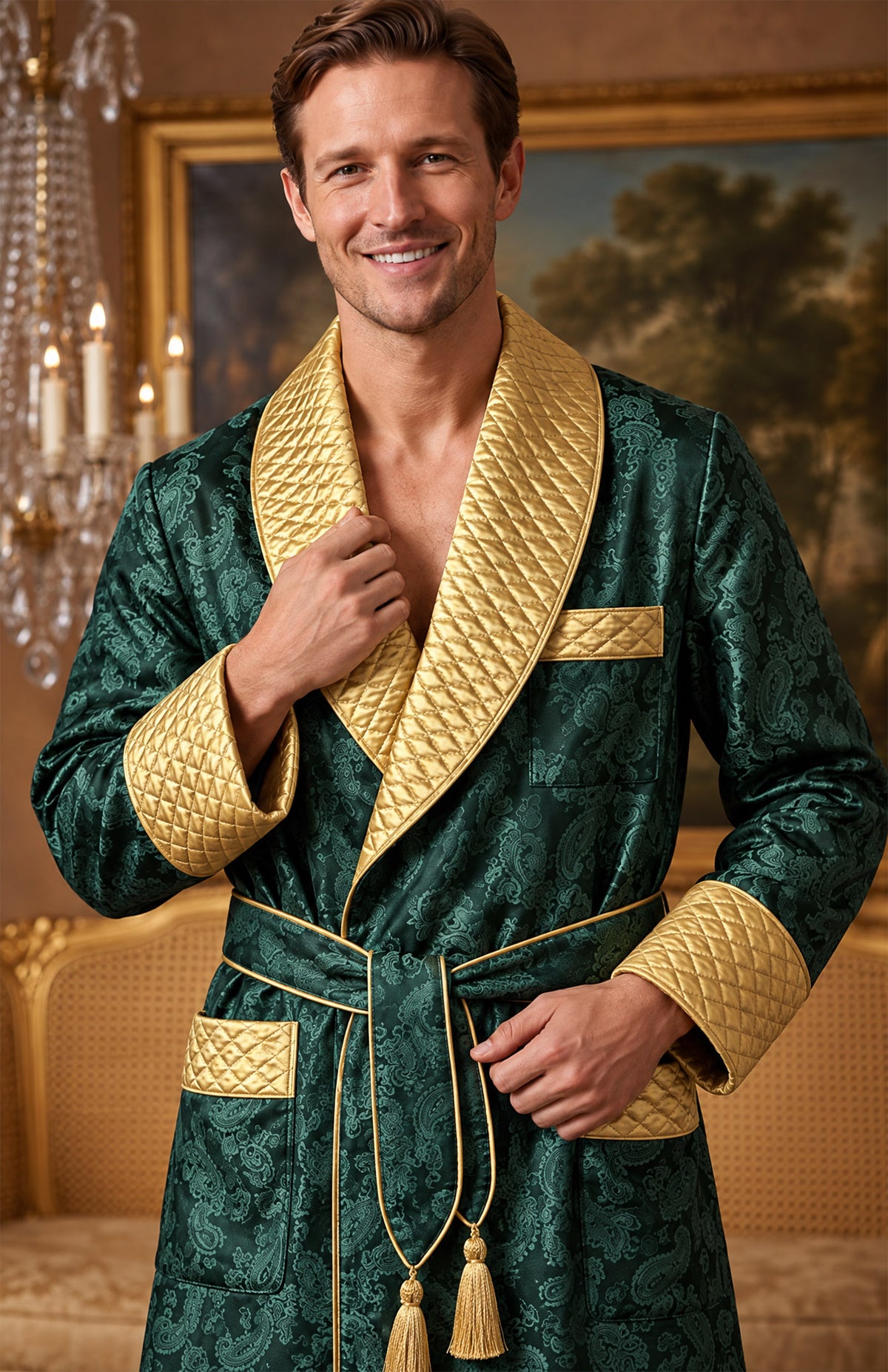 The Malachite Magnate | Green & Gold Paisley Jacquard Quilted Robe for Men