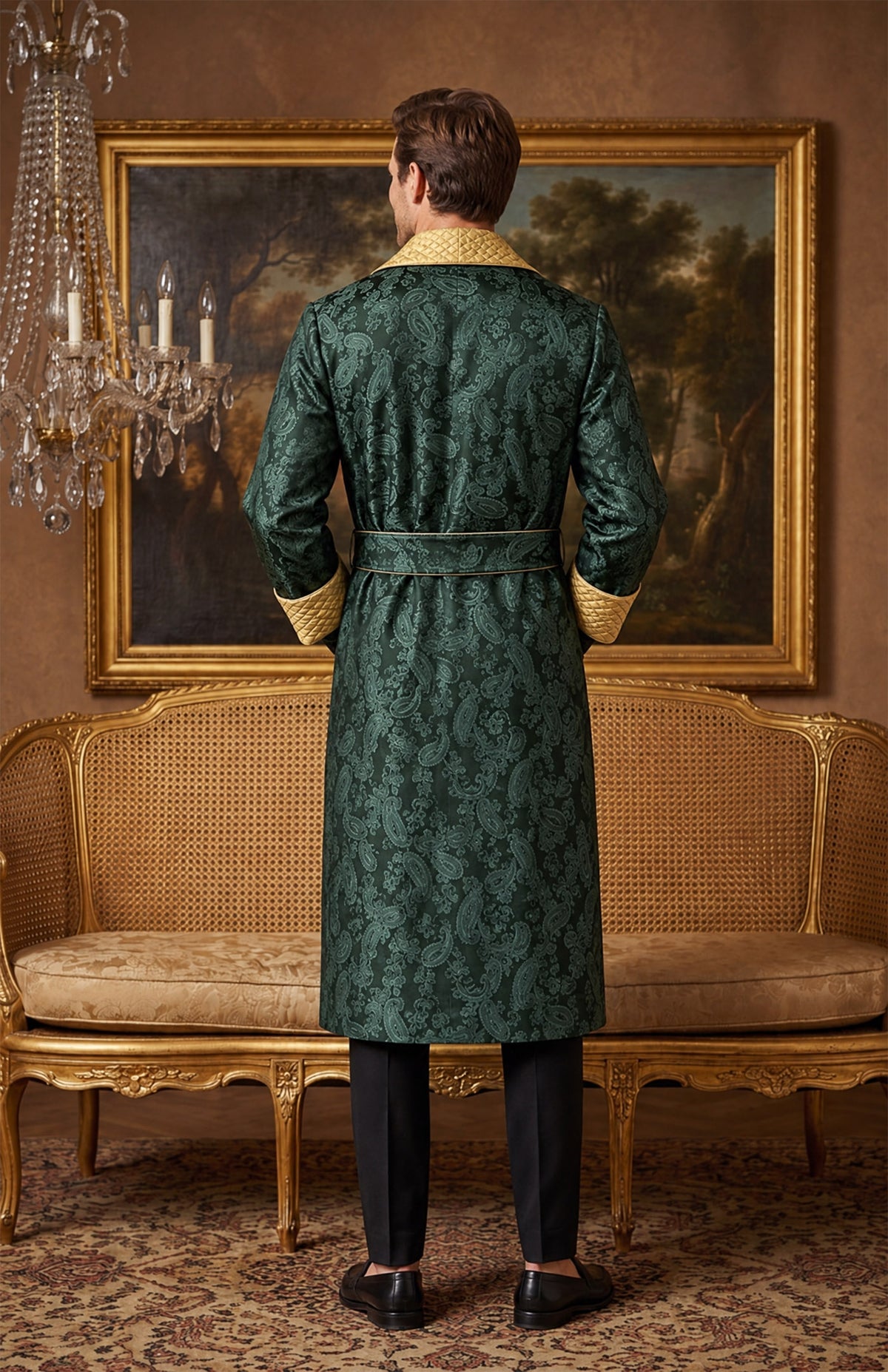 The Malachite Magnate | Green & Gold Paisley Jacquard Quilted Robe for Men