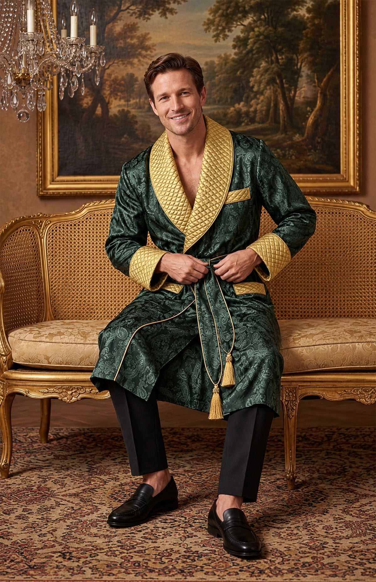 The Malachite Magnate | Green & Gold Paisley Jacquard Quilted Robe for Men