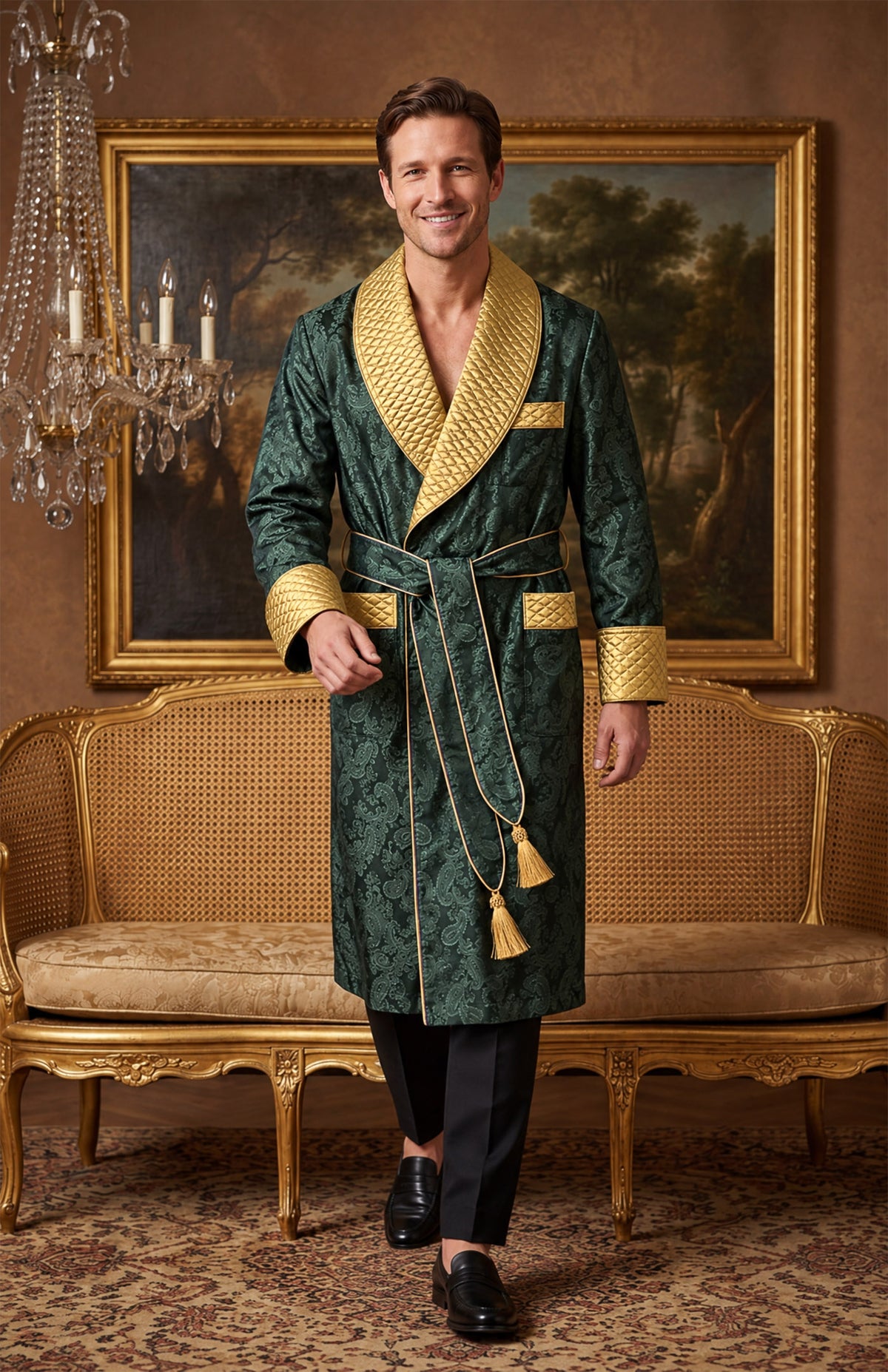 The Malachite Magnate | Green & Gold Paisley Jacquard Quilted Robe for Men