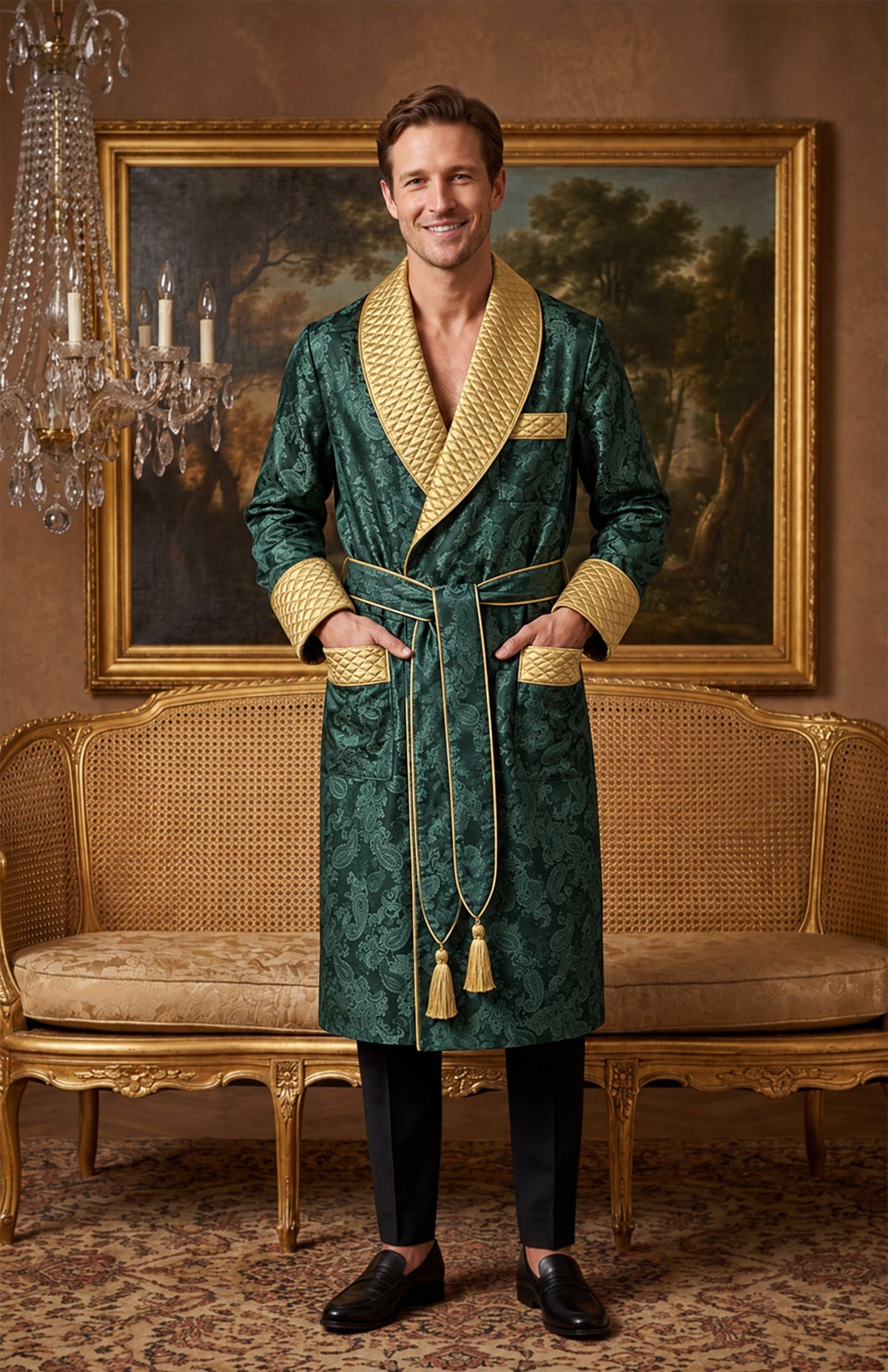 The Malachite Magnate | Green & Gold Paisley Jacquard Quilted Robe for Men