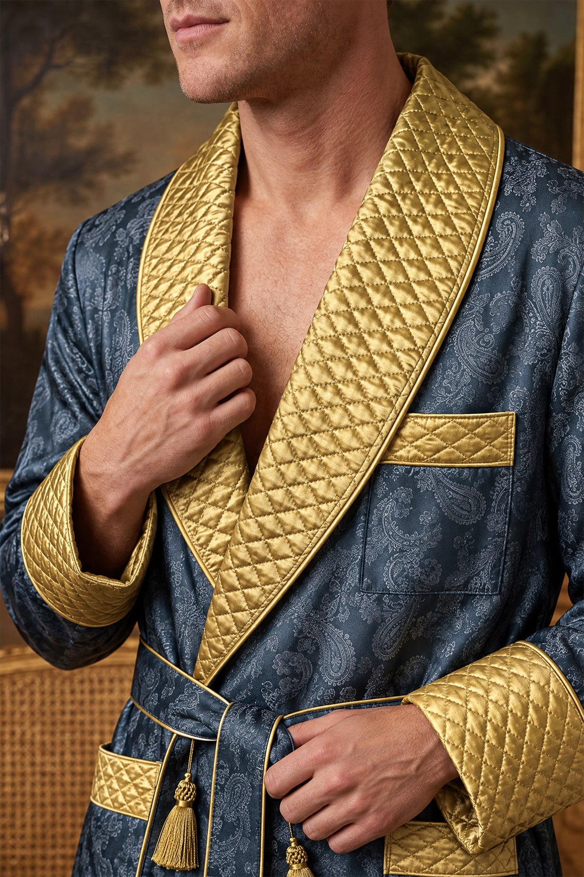 The Midnight Admiral | Navy & Gold Paisley Jacquard Quilted Robe for Men