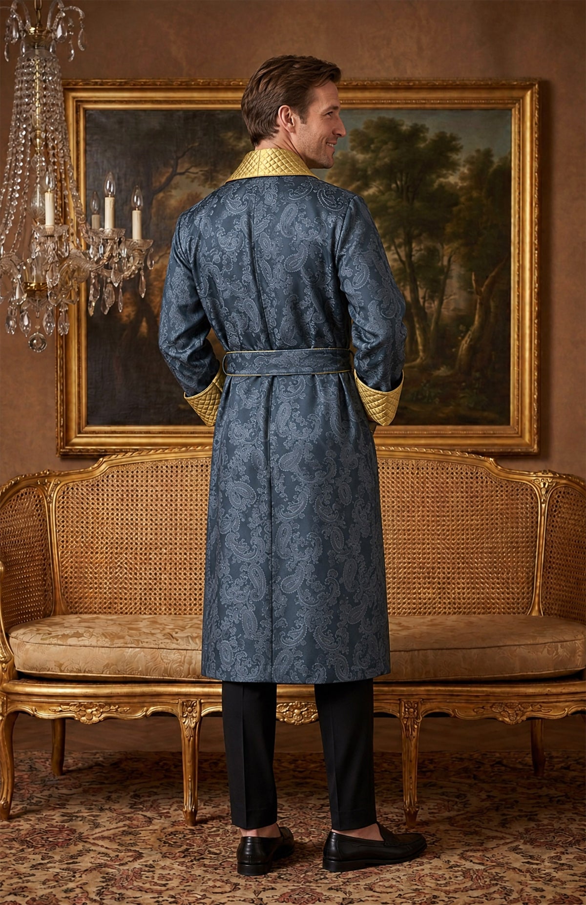 The Midnight Admiral | Navy & Gold Paisley Jacquard Quilted Robe for Men