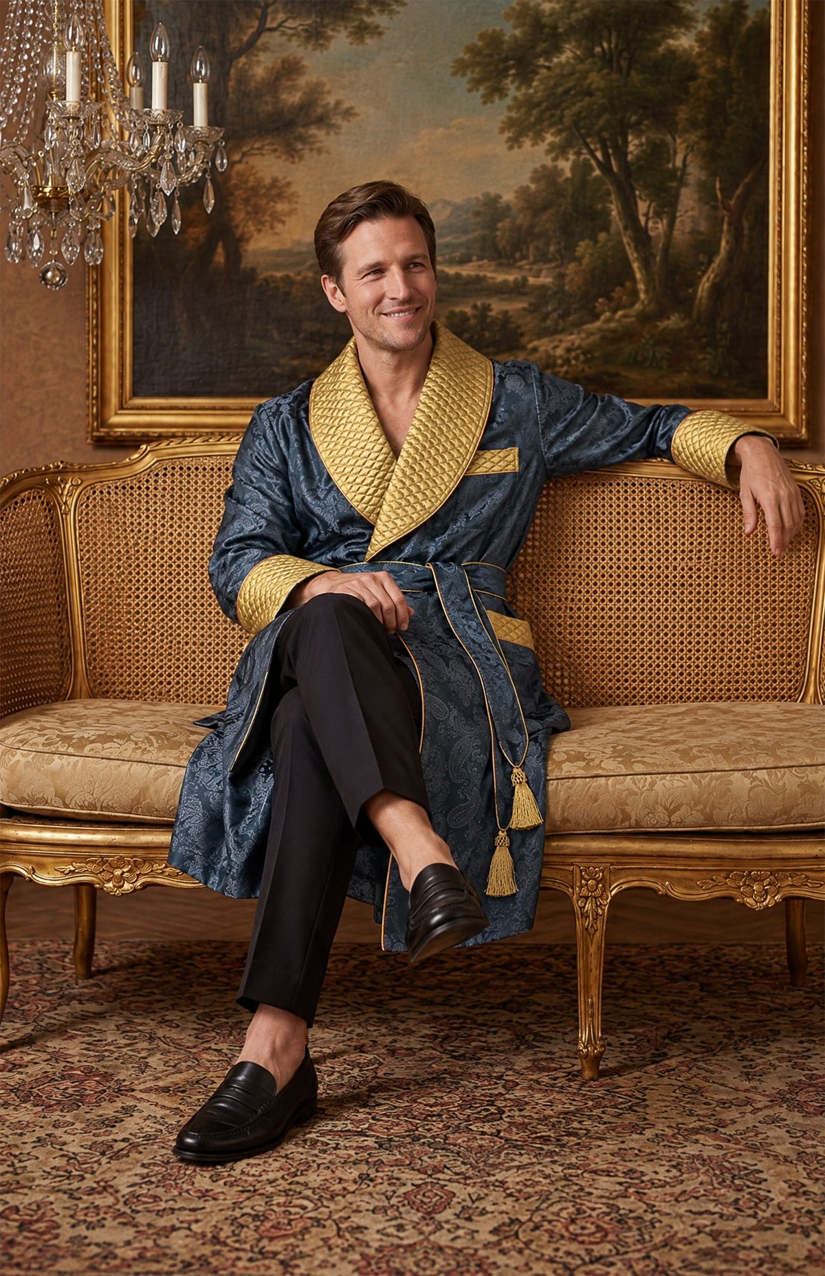 The Midnight Admiral | Navy & Gold Paisley Jacquard Quilted Robe for Men