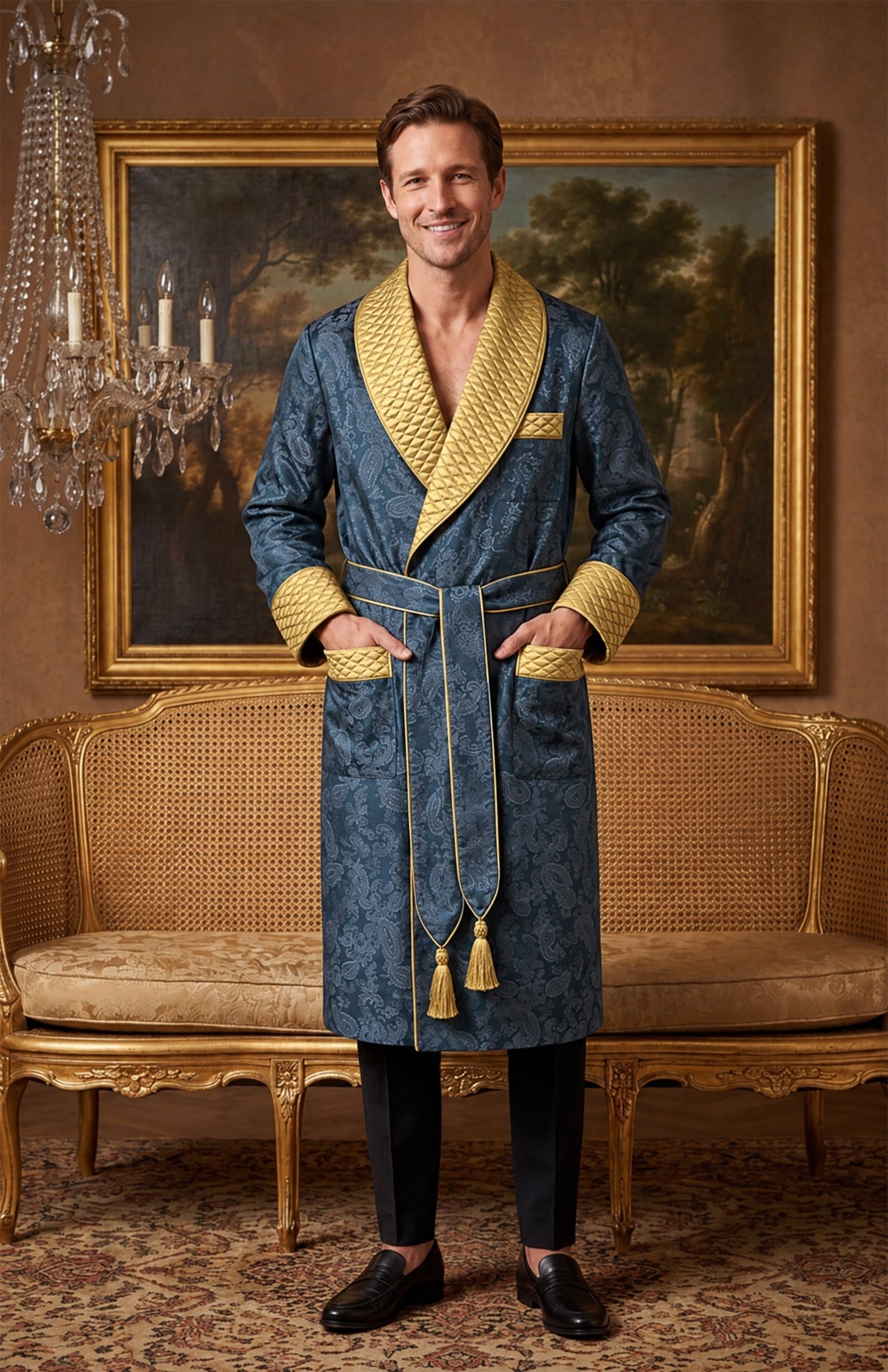 The Midnight Admiral | Navy & Gold Paisley Jacquard Quilted Robe for Men