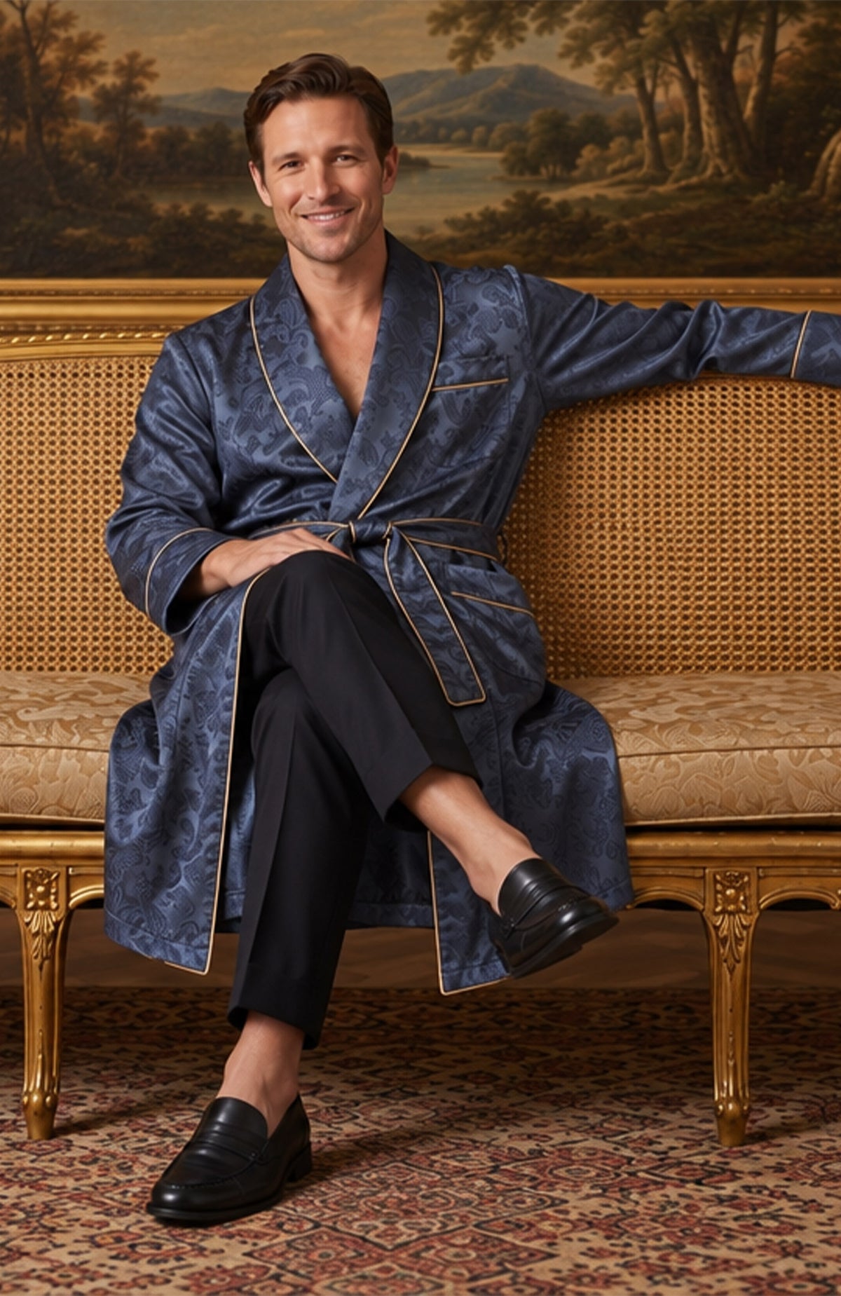 The Midnight Parlour | Navy Paisley Jacquard Shawl Collar Robe for Men