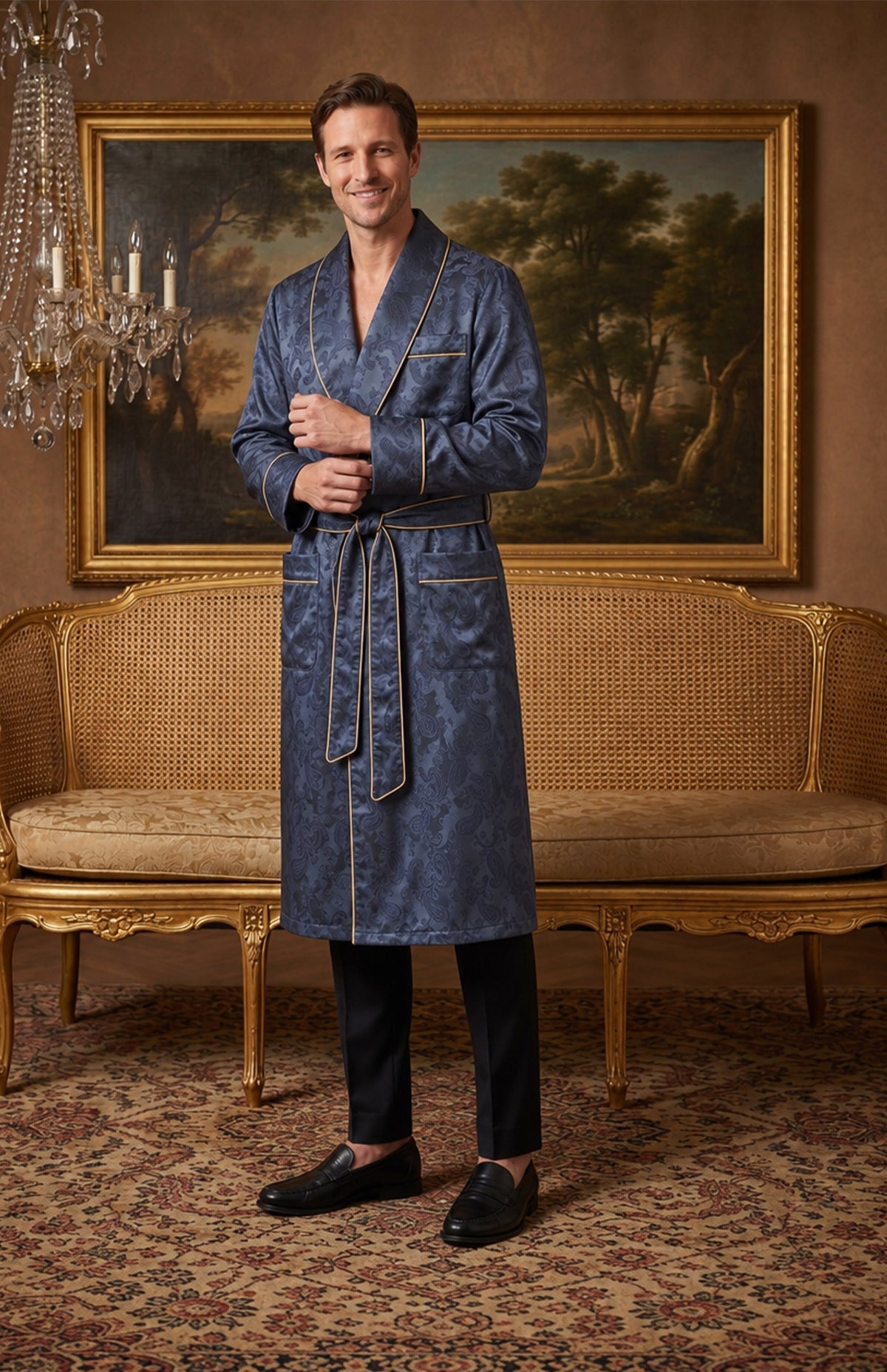 The Midnight Parlour | Navy Paisley Jacquard Shawl Collar Robe for Men