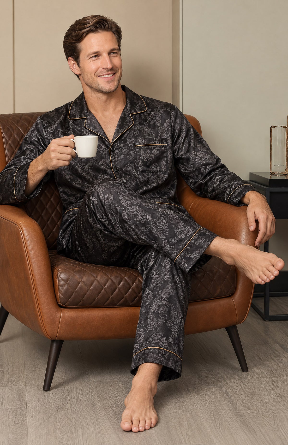 The Onyx Nightcap | Black Paisley Jacquard Pyjama Set for Men
