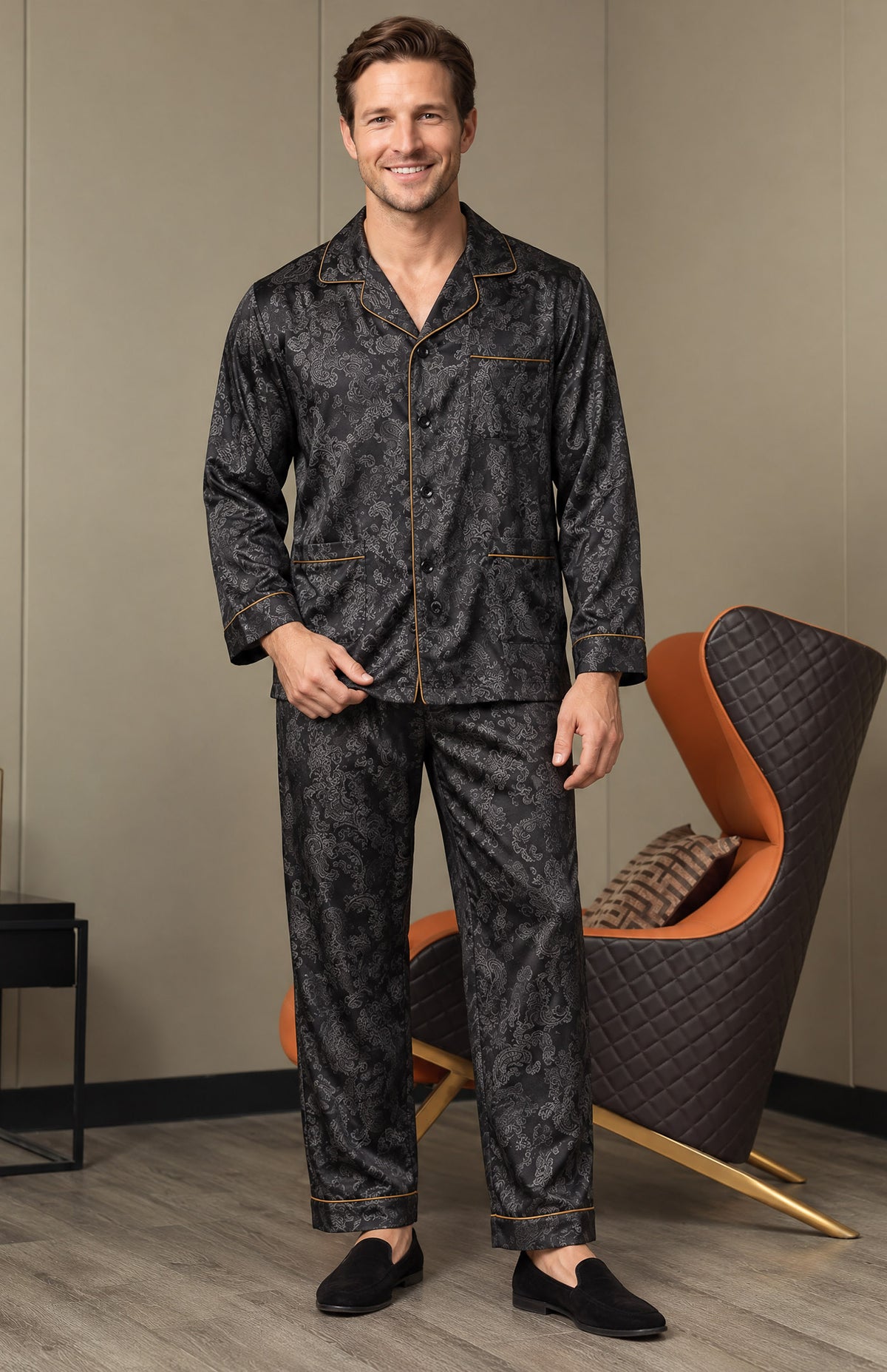 The Onyx Nightcap | Black Paisley Jacquard Pyjama Set for Men