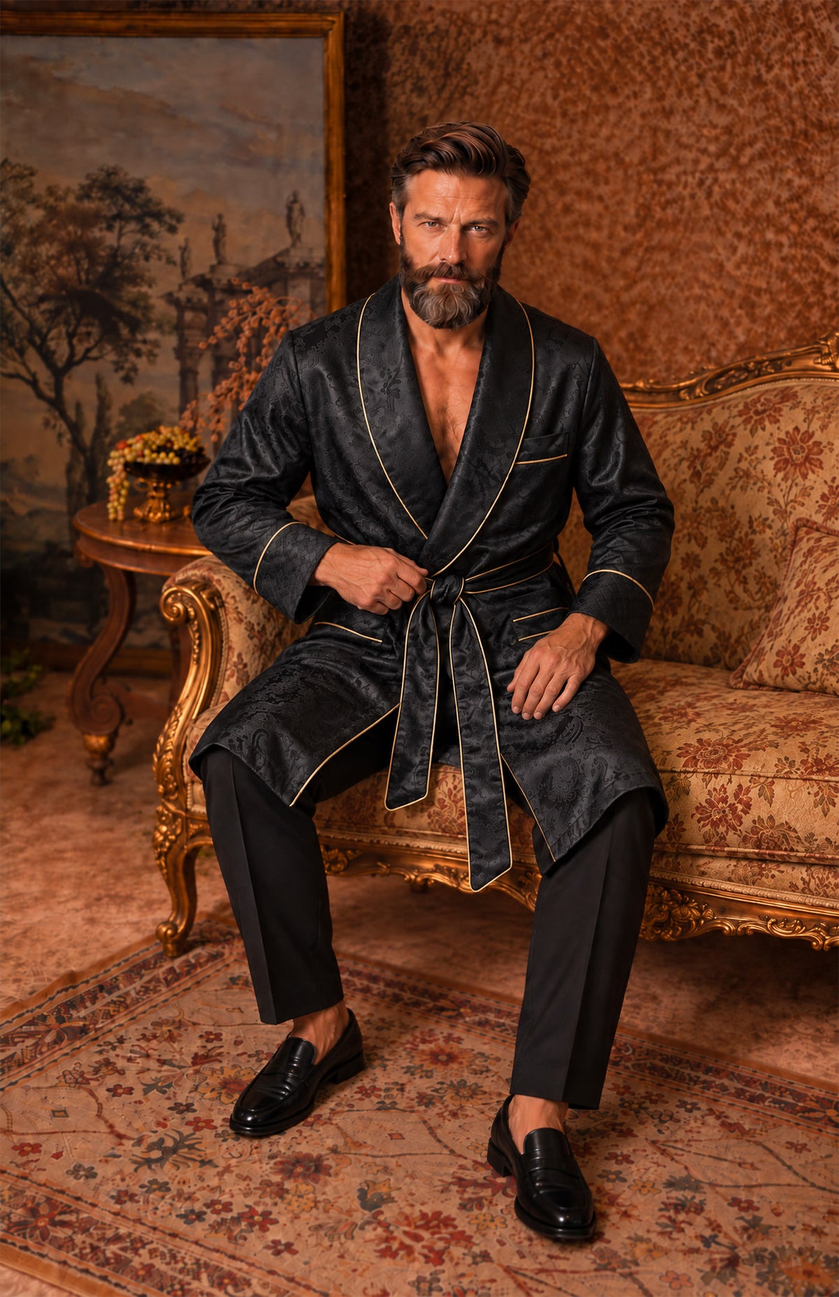 The Onyx Parlour | Black Paisley Jacquard Collar Robe
