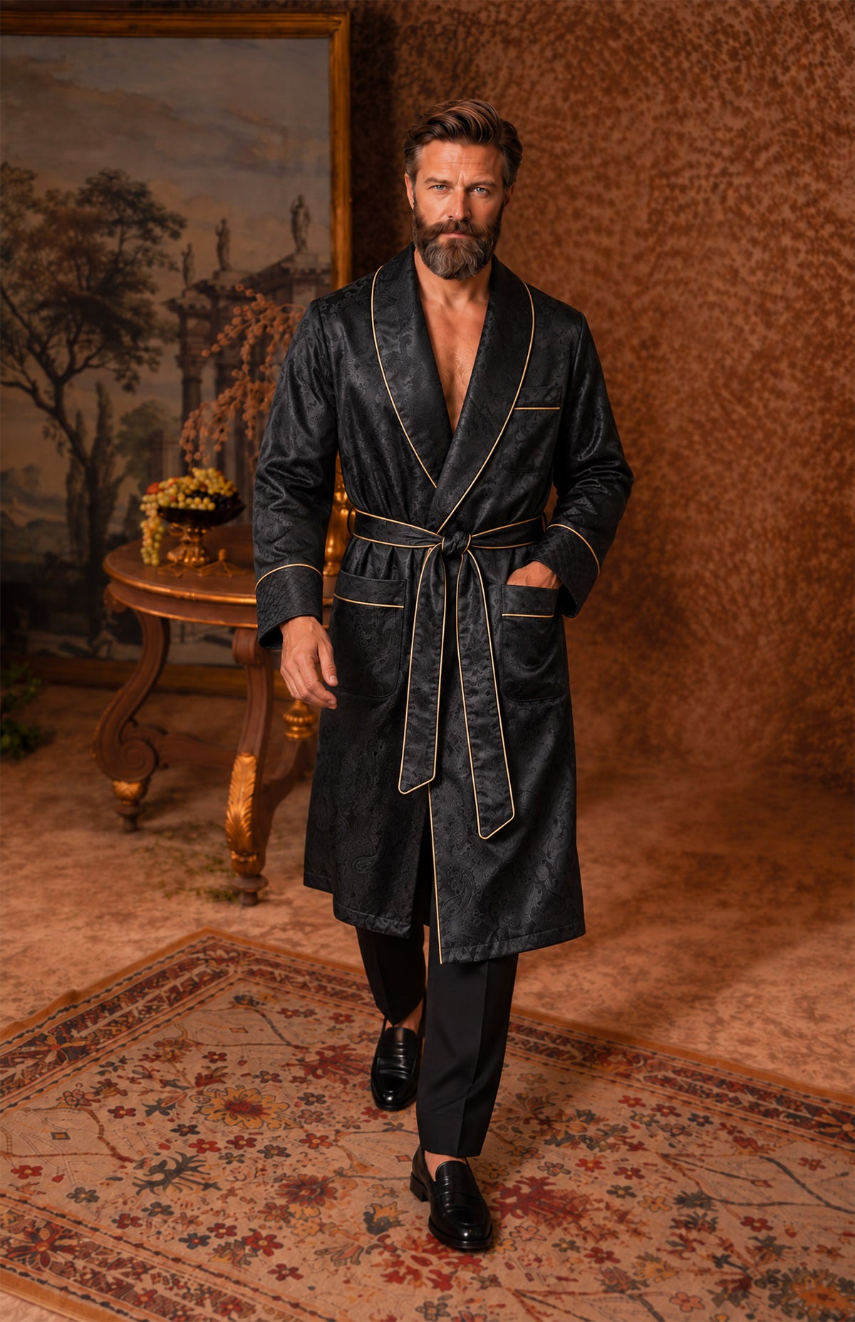 The Onyx Parlour | Black Paisley Jacquard Collar Robe