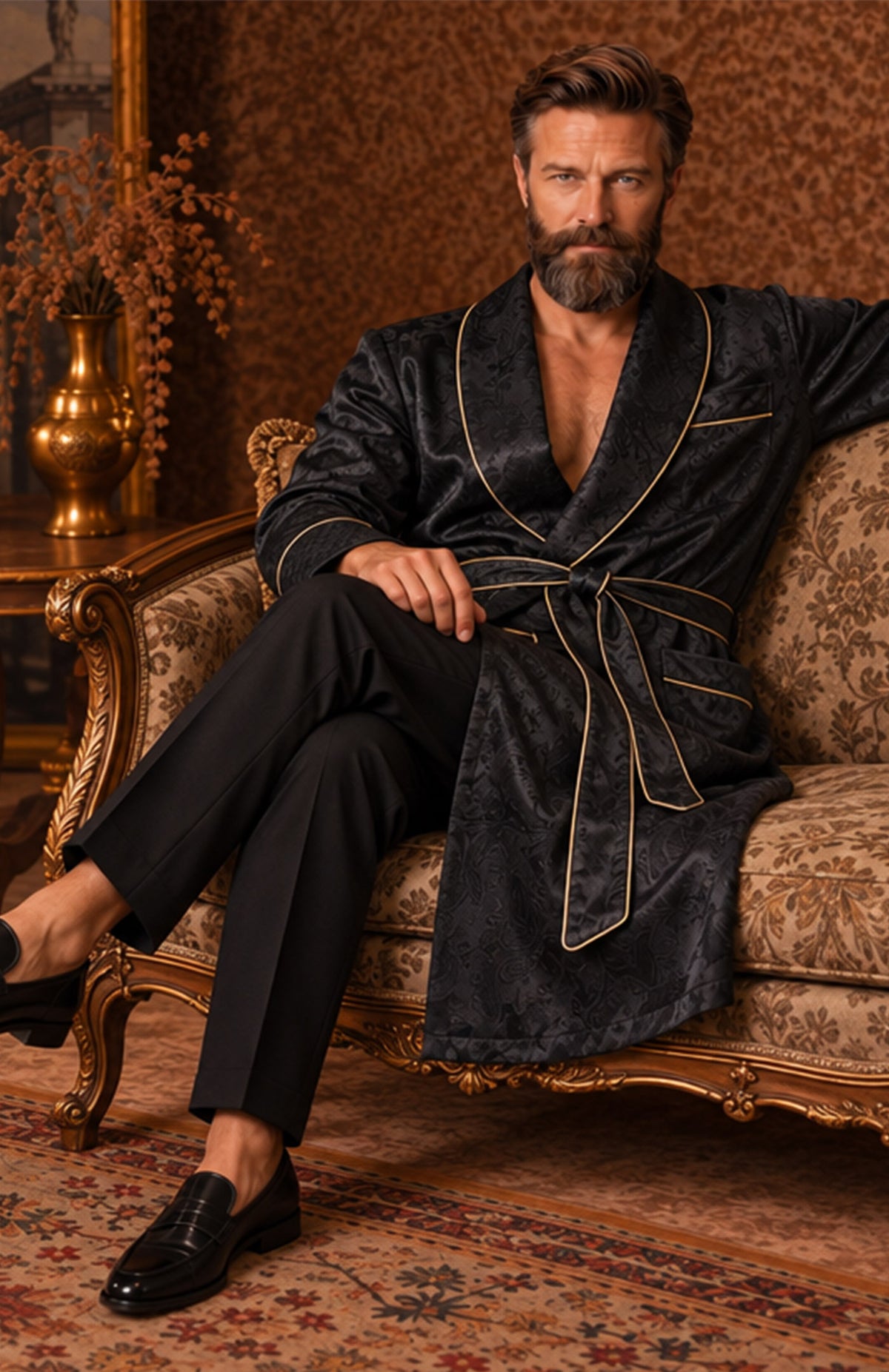 The Onyx Parlour | Black Paisley Jacquard Collar Robe