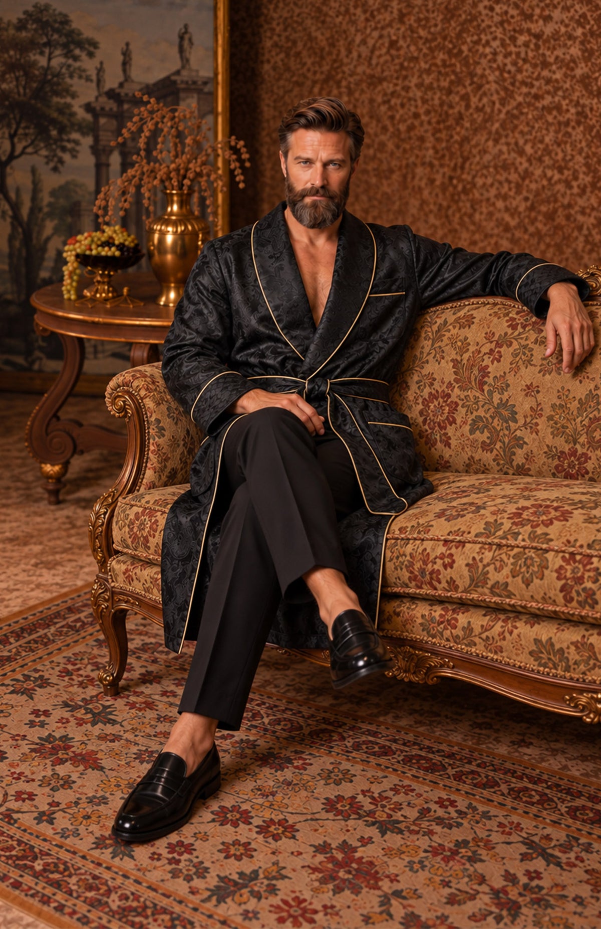 The Onyx Parlour | Black Paisley Jacquard Collar Robe