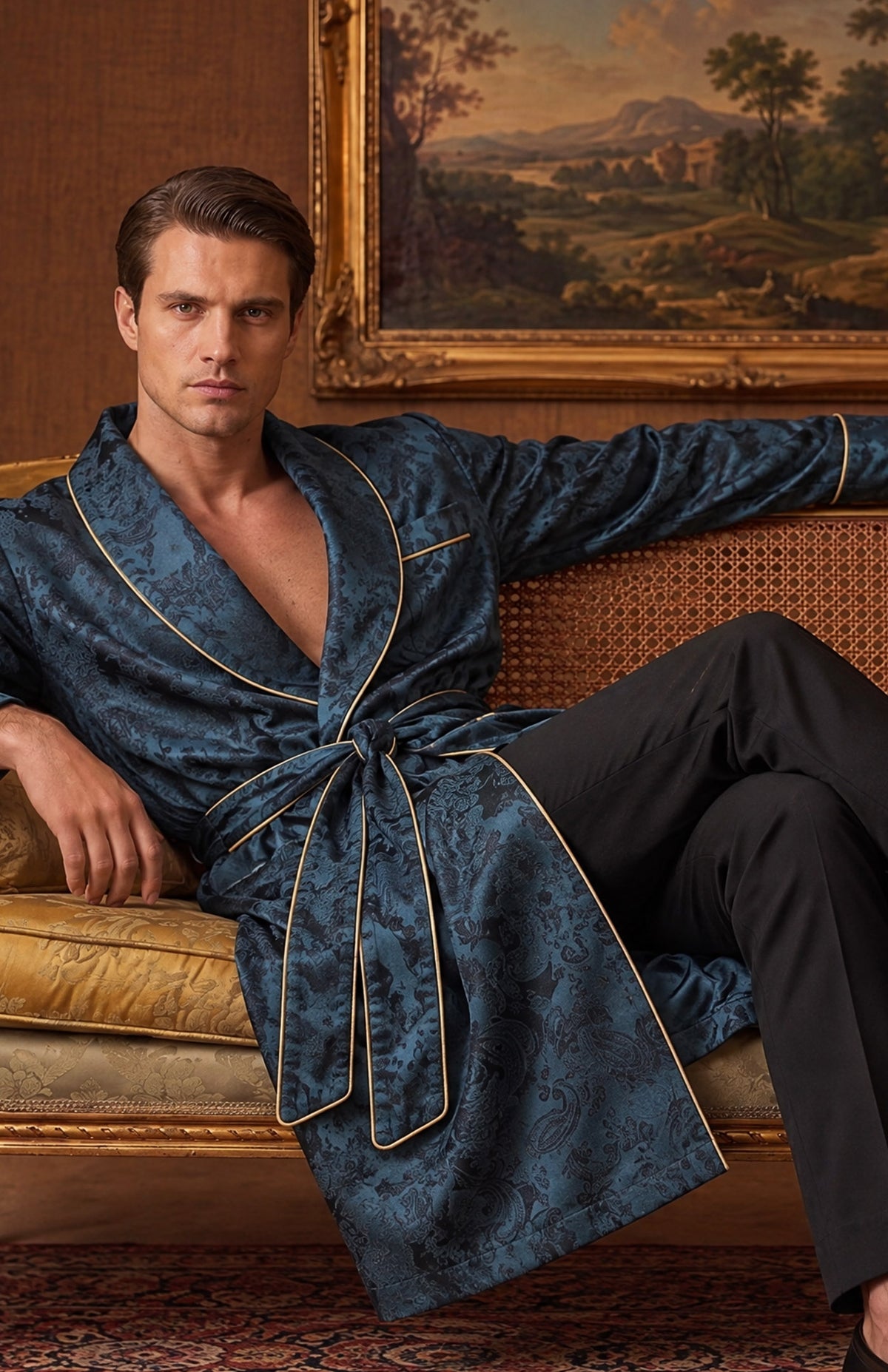The Peacock Parlour | Teal Paisley Jacquard Shawl Collar Robe for Men