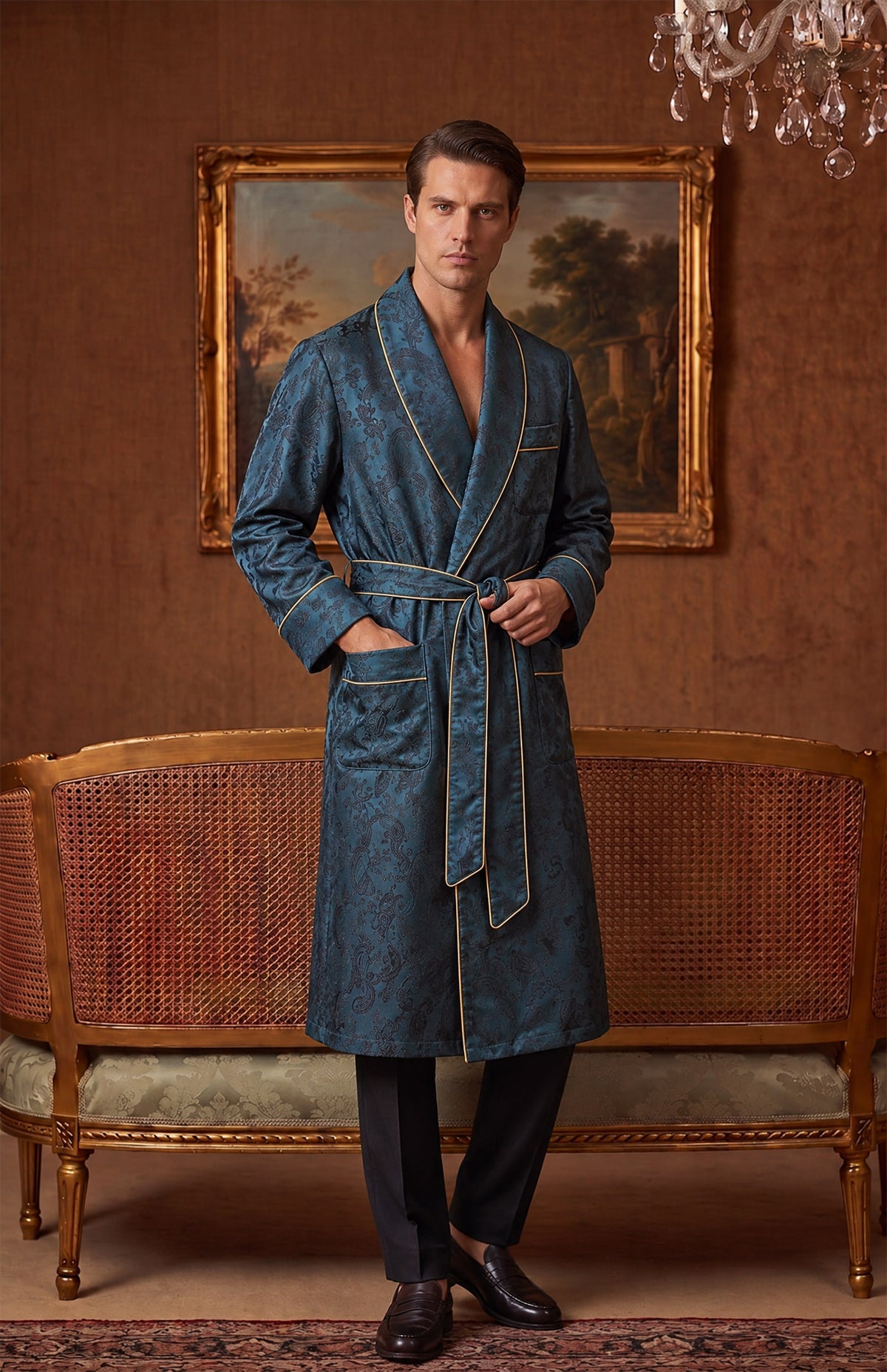 The Peacock Parlour | Teal Paisley Jacquard Shawl Collar Robe for Men