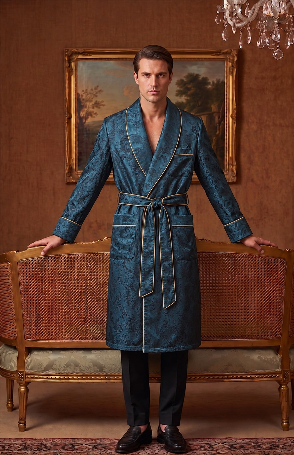 The Peacock Parlour | Teal Paisley Jacquard Shawl Collar Robe for Men