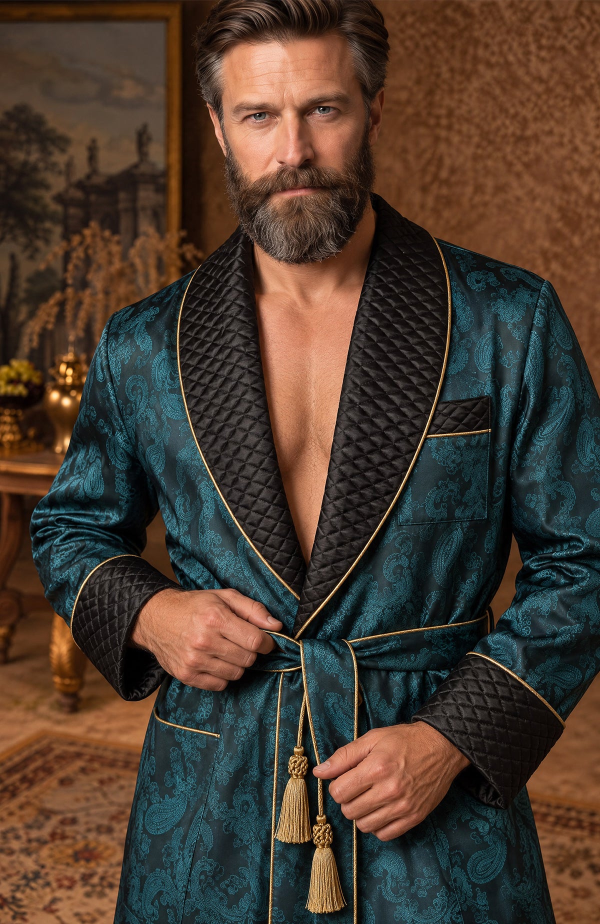 The Peacock Prince | Teal & Black Paisley Jacquard Quilted Robe for Men