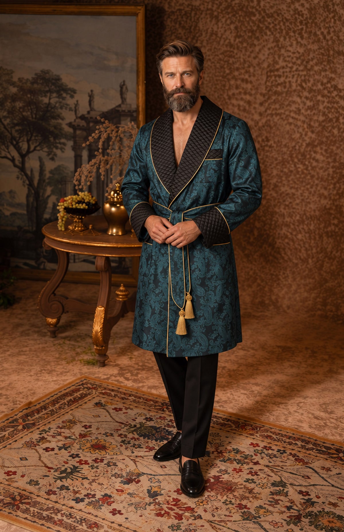 The Peacock Prince | Teal & Black Paisley Jacquard Quilted Robe for Men