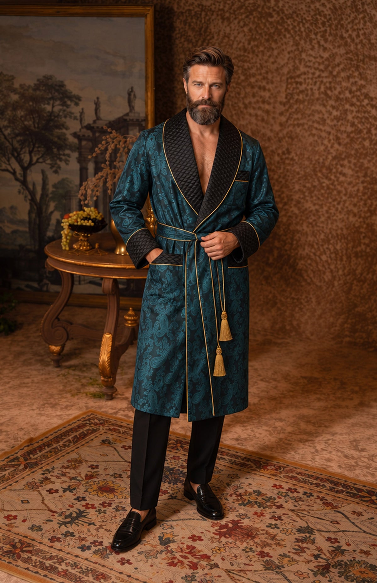 The Peacock Prince | Teal & Black Paisley Jacquard Quilted Robe for Men